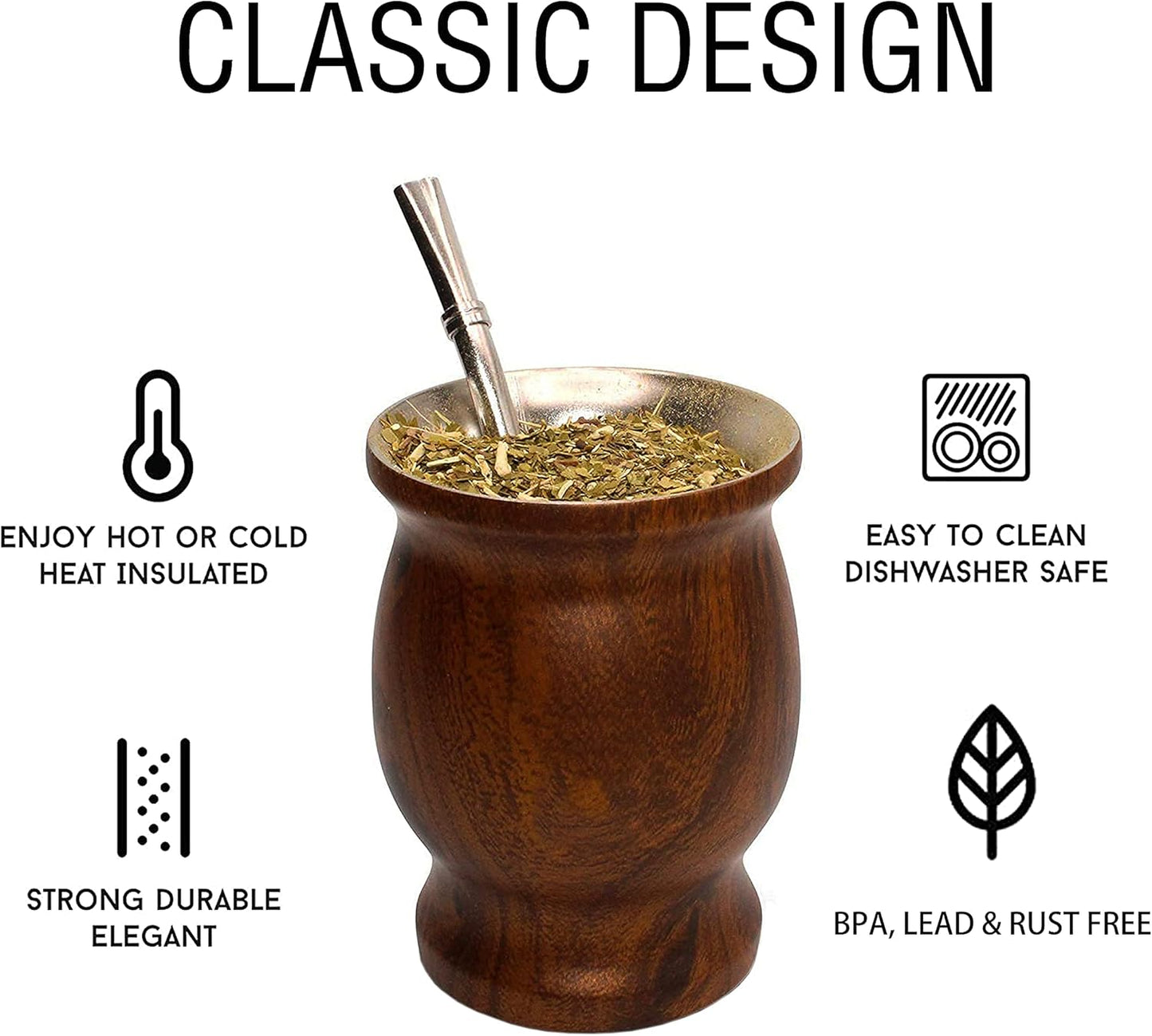 LA FEE Yerba Mate Natural Gourd/Tea Cup Set Brown (Original Traditional Mate Cup - 8 Ounces),Includes Yerba Mate Straw & Cleaning Brush,Stainless Steel | Double-Walled | Easy to Clean (Brown)
