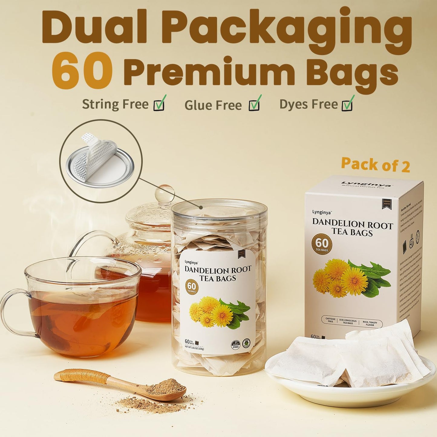 Lynginya Dandelion Root Tea, 60 Tea Bags (Pack of 2) - Premium Herbal Tea - Rich Flavor - No Sugar & No Caffeine - Total 120 Bags