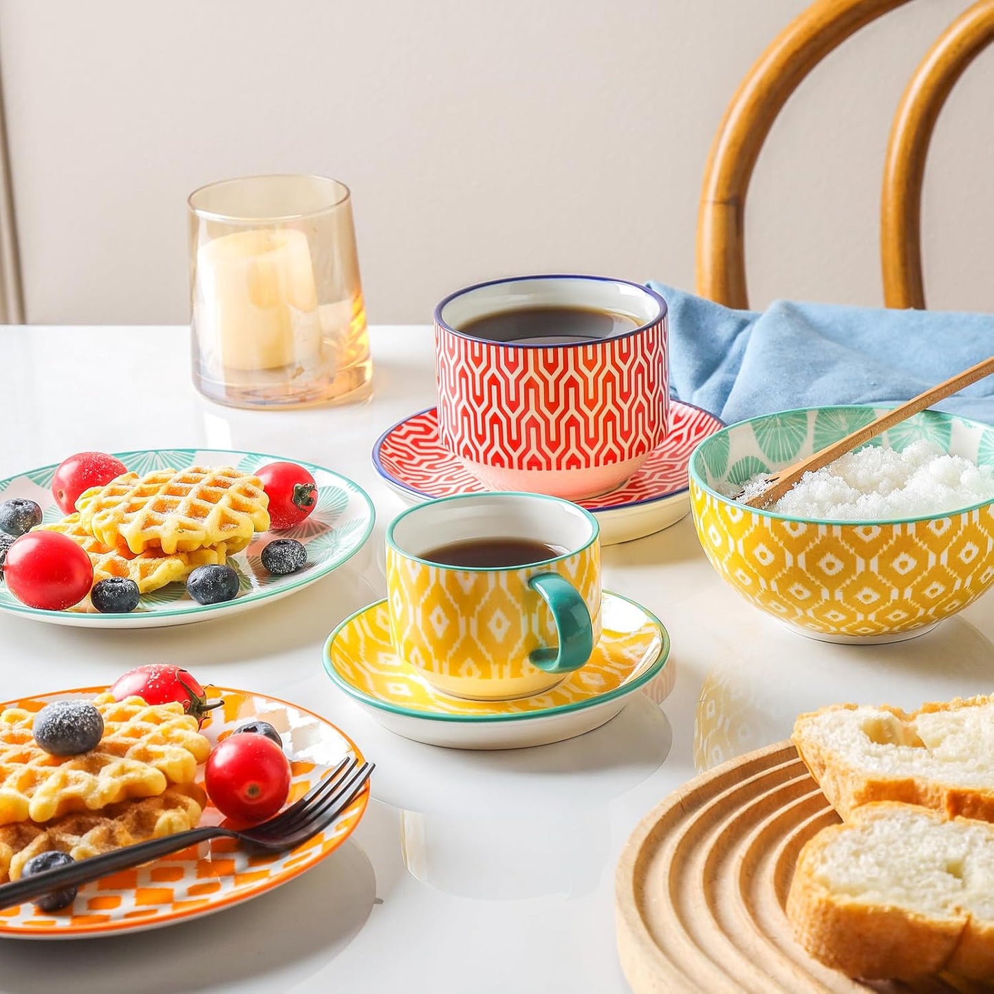 Selamica Ceramic Espresso Cups with Saucers and Metal Stand, 4 OZ Stackable Demitasse Cups for Latte Coffee Café Mocha Tea, Set of 4, Assorted Colors