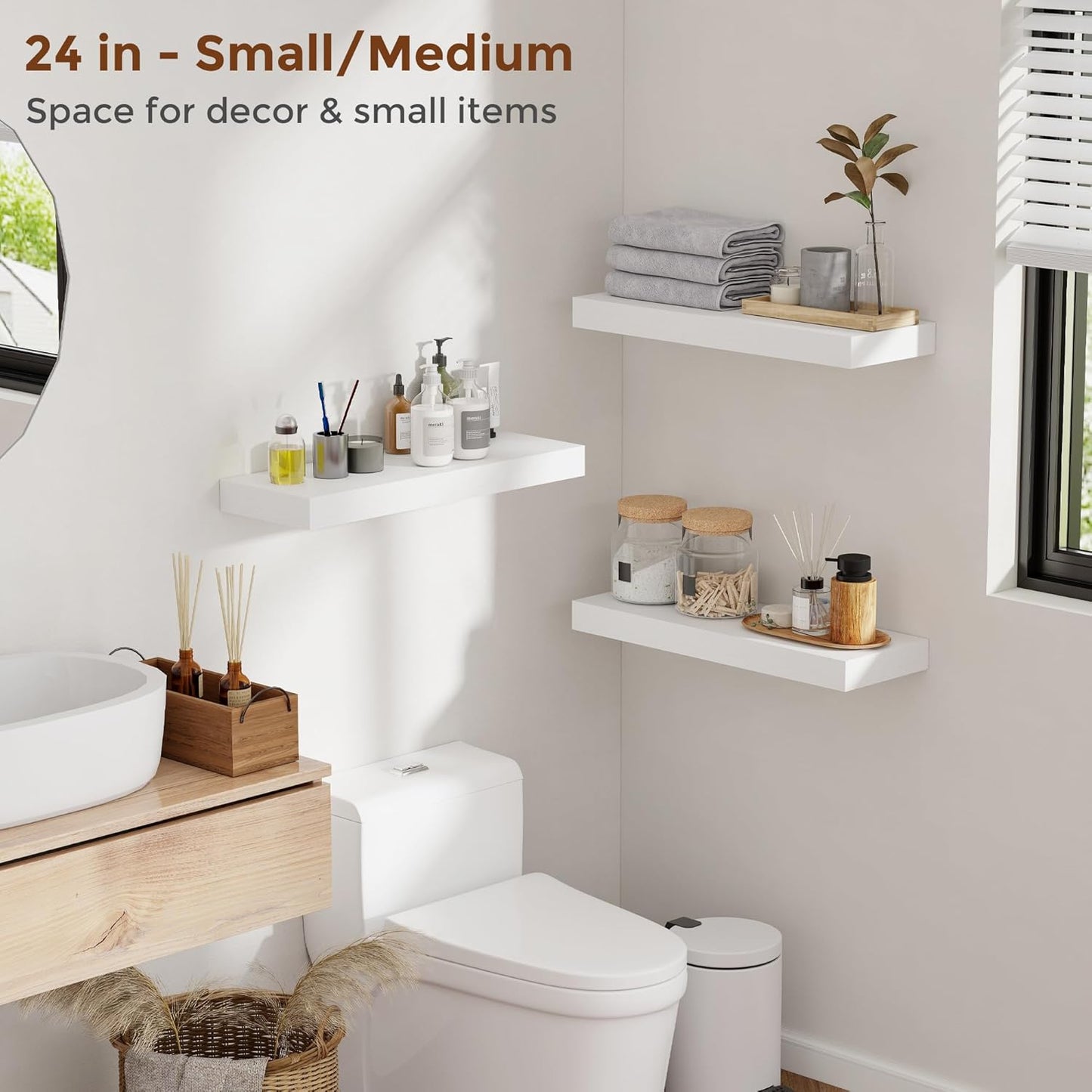 Heimlove 24 Inch Floating Shelves for Wall White Shelves Set of 2,Wall Mounted Rustic Wood 8 Inch Deep Floating Shelf with Invisible Brackets for Bedroom Kitchen Living Room