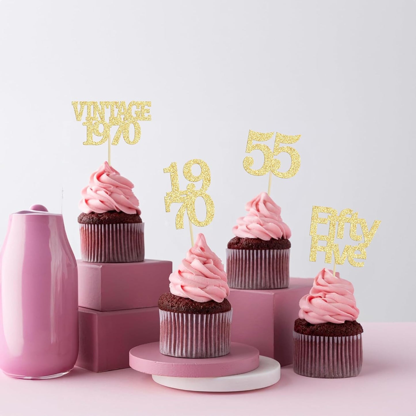 Gyufise 24Pcs 55th Birthday Cupcake Toppers Glitter Cheers to 55 Fabulous Fifty Five Vintage 1970 Cupcake Picks 55th Birthday Wedding Anniversary Party Cake Decorations Supplies Gold