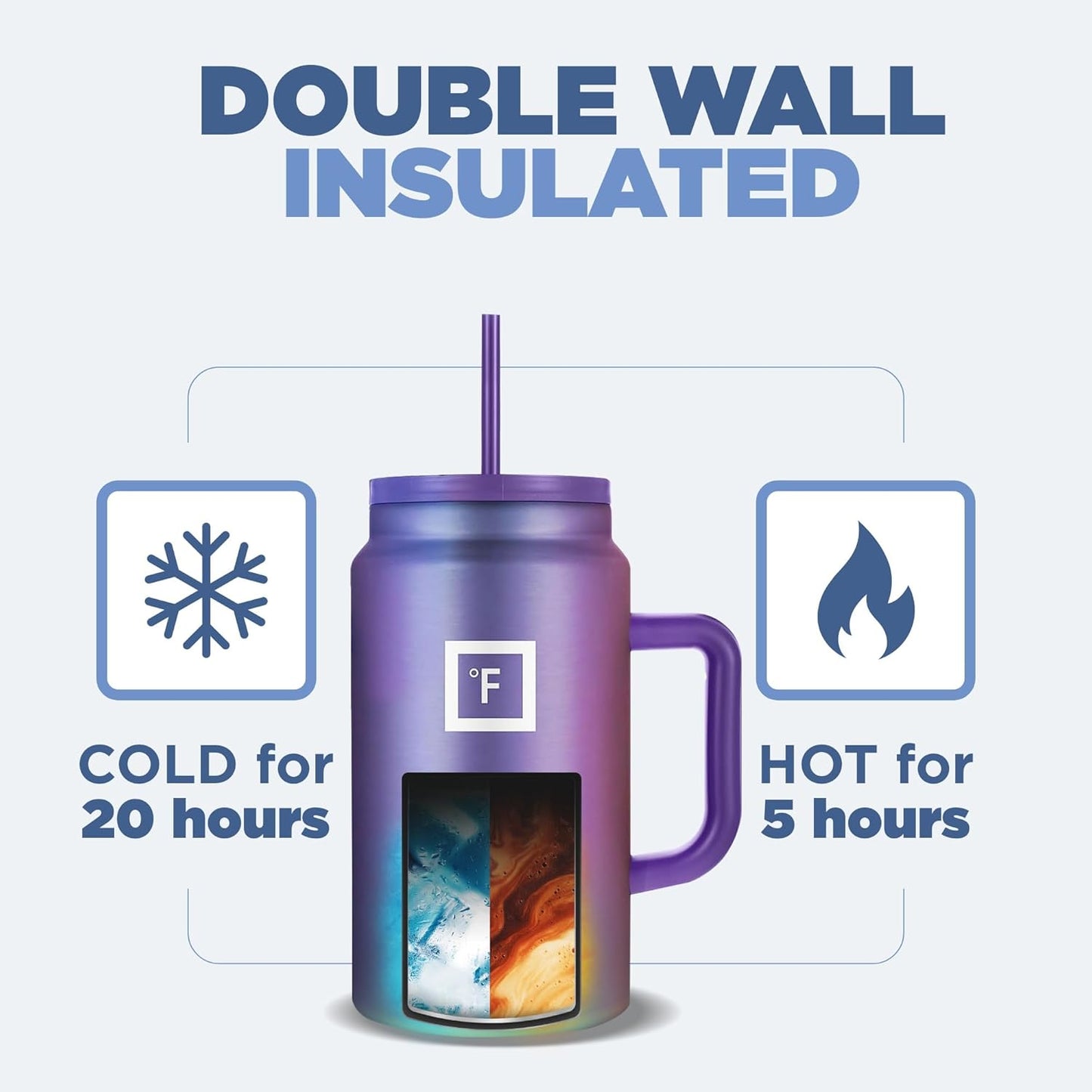 IRON °FLASK Co-Pilot Insulated Mug w/Straw & Flip Cap Lids - Cup Holder Bottle for Hot, Cold Drink - Leak-Proof - Water, Coffee Portable Travel Mug - Lavender, 50 Oz