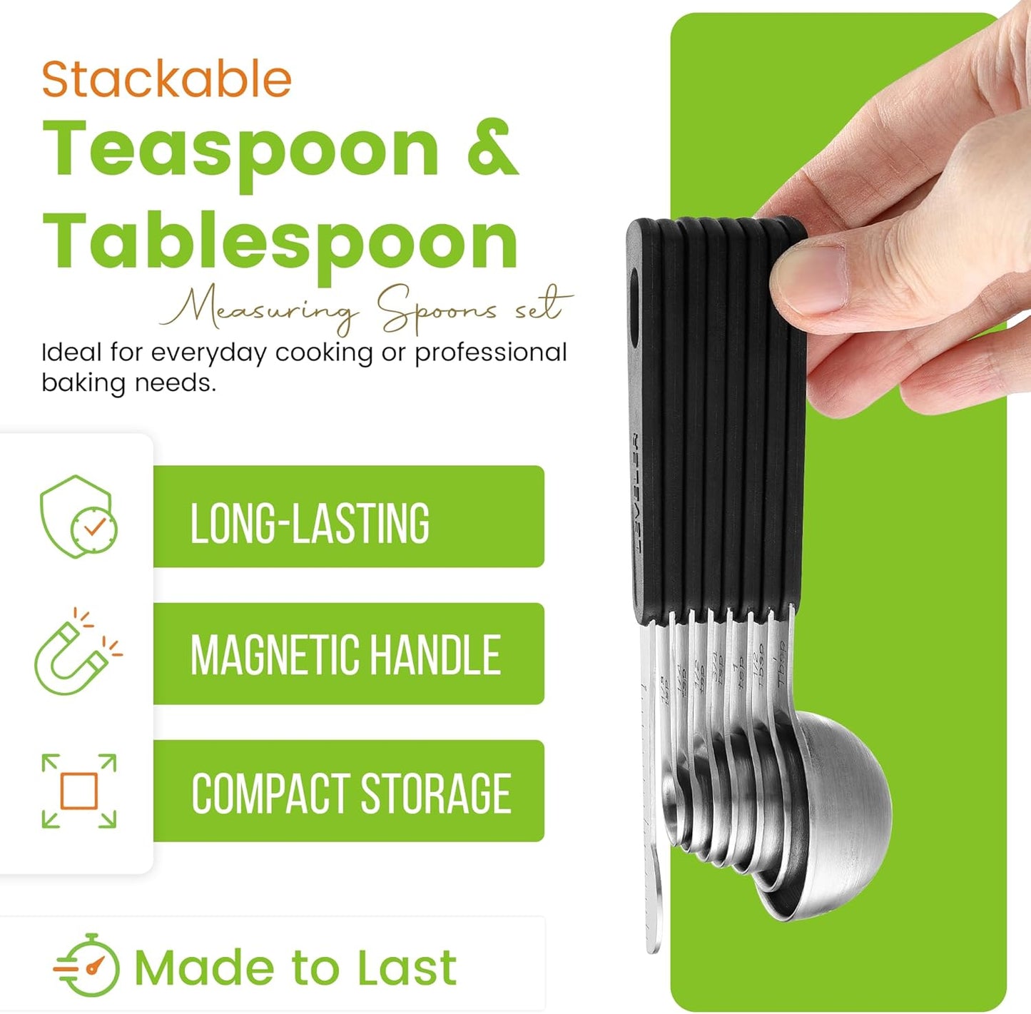 Spring Chef Stainless Steel Magnetic Measuring Spoons Set of 8 with Leveler, Round Metal Teaspoon & Tablespoon Measuring Spoons - Kitchen Gadgets For Baking and Cooking