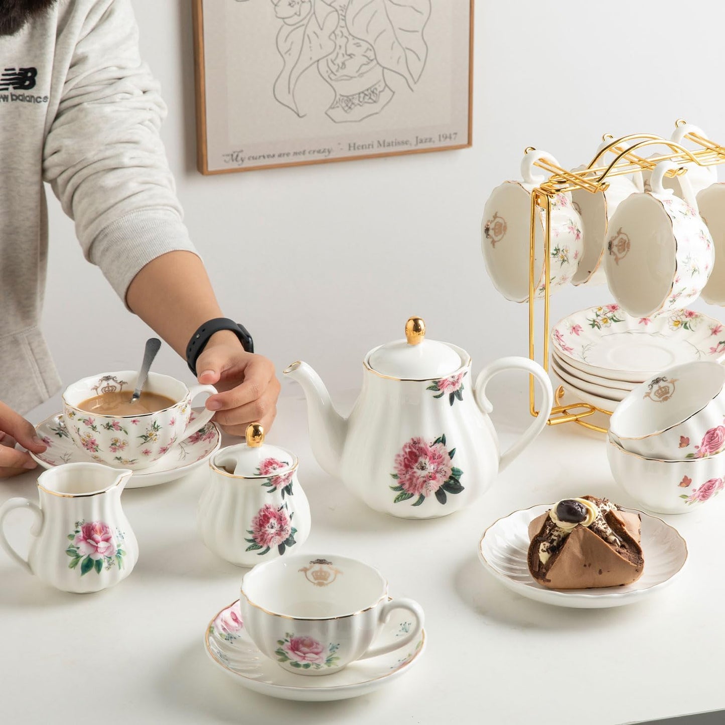 Porcelain Tea Sets British Royal Series, 8 OZ Cups & Saucer Service for 6, with Teapot Sugar Bowl Cream Pitcher Teaspoons and Tea Strainer, Suitable for High Tea, Wedding, Party (Midsummer Rose)