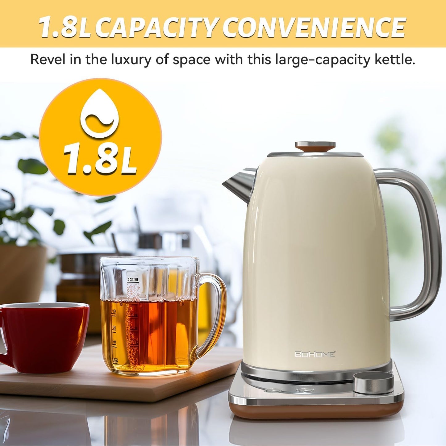Electric Kettle, 1.8L/1200W, Stainless Steel, Control Buttons, Digital Display Panel, Keep Warm for 12 hours, Auto Shutoff, BPA-Free, Hot Water Kettle for Coffee & Tea, Electroplated handle