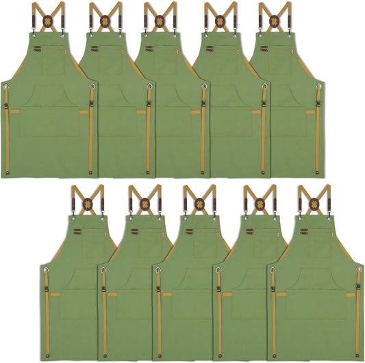 10 Pack Kitchen Aprons, Work Apron, Canvas, Multiple Pockets, Gardening, Painting, BBQ, Artist, Carpenter, Sizes M to XXL, Olive