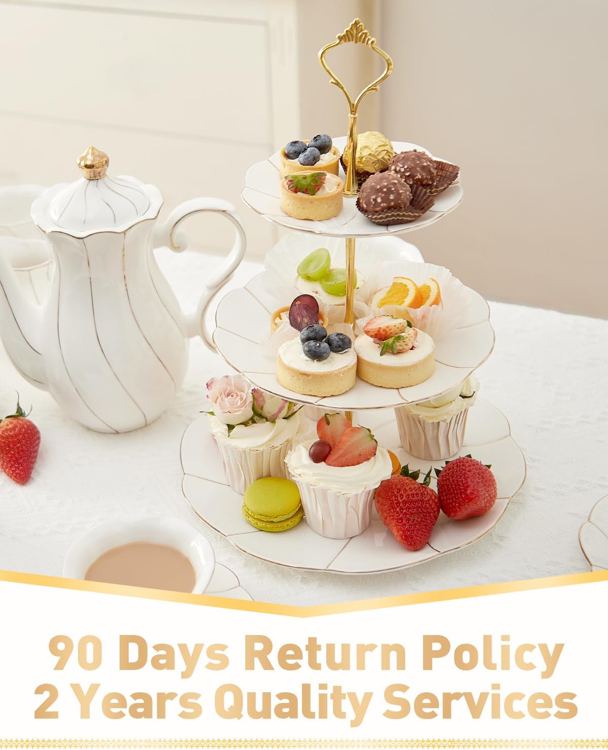 DUJUST Luxury Porcelain 3-Tier Cupcake Stand Tower, British Style Serving Tray with Golden Trim, Food Grade Dessert Display Stand, Beautiful Gift for Tea Party & Home Décor