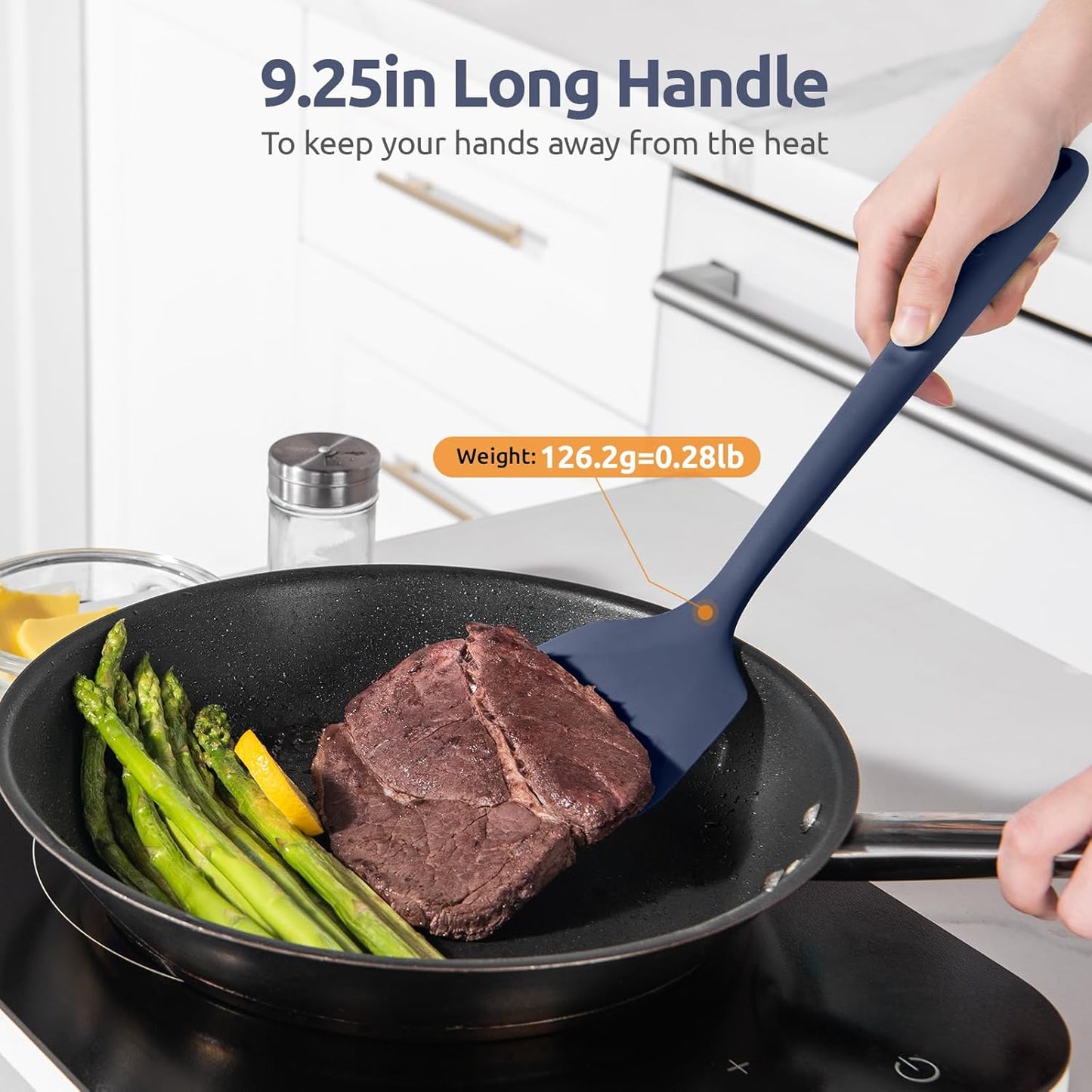 600℉ Heat Resistant Silicone Turner: U-Taste 13.6in Solid Kitchen Spatula Flipper, BPA Free Flexible & Thin Seamless Cooking Utensil for Flipping Egg, Pancake in Nonstick Cookware(Midnight Blue)