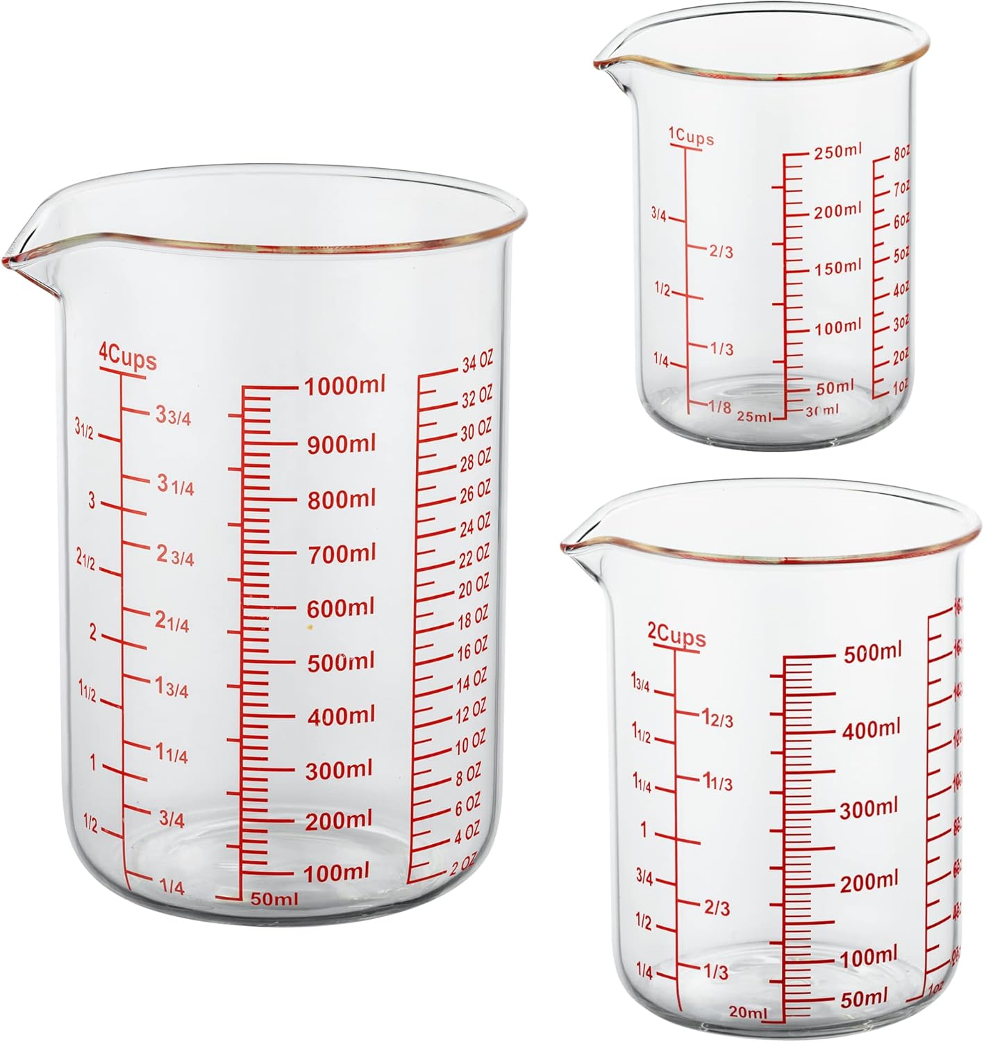 High Borosilicate Glass Measuring Cup Set-V-Shaped Spout,Includes 250ml(8OZ), 500ml(16OZ), and 1000ml(32OZ) Glass Measuring Beaker for Kitchen or Restaurant, Easy to Read