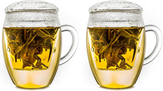 Creano 2x All-In-One Tea Glass with integrated Glass Filter and Lid - 14oz (400ml)