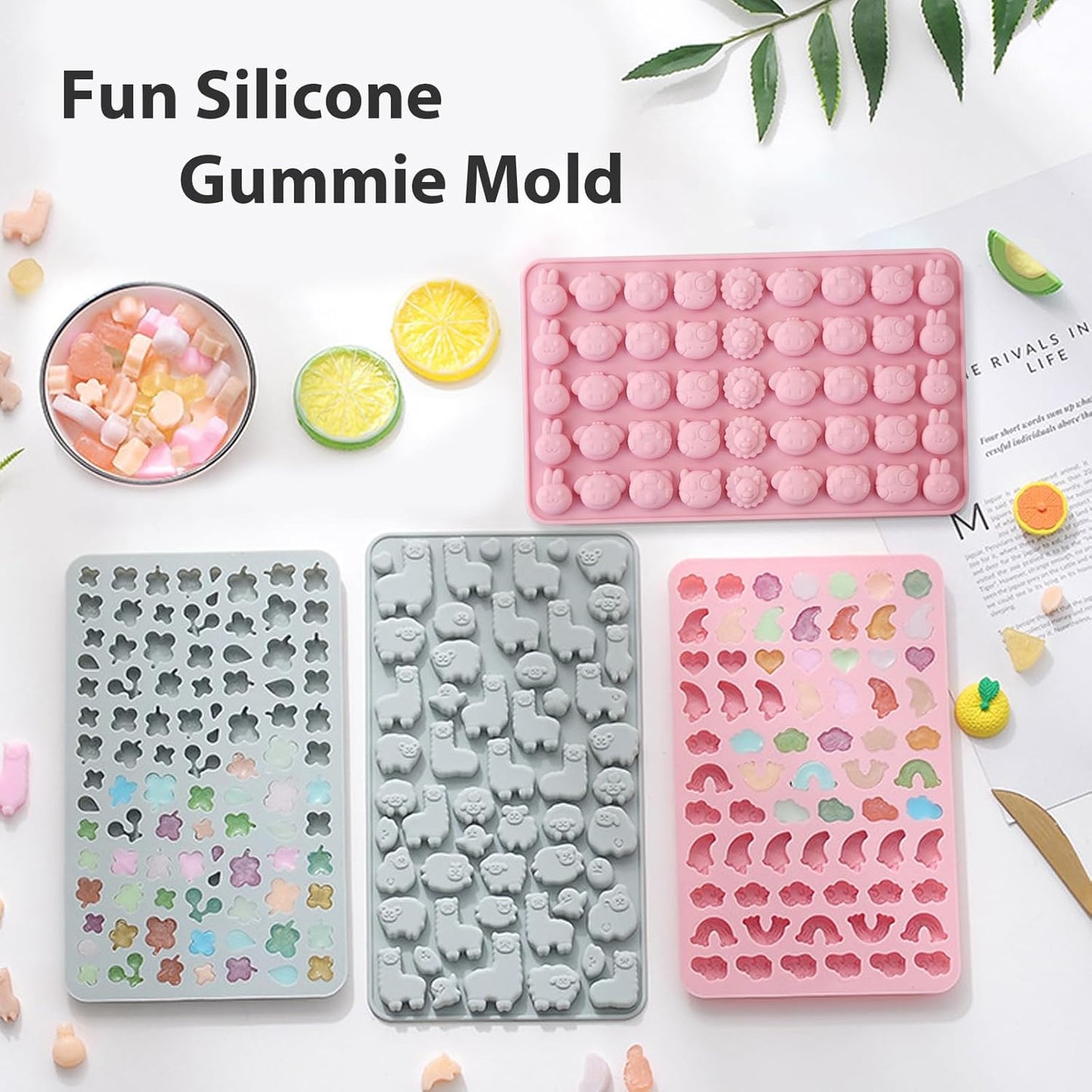 Animals & Flowers Silicone Candy molds, Non-Stick Gummy Bear Chocolate Gelatin Tray with 2 Droppers Creates 260 Alpaca, Clover, Animals, Rainbow & Cloud, Pack of 4