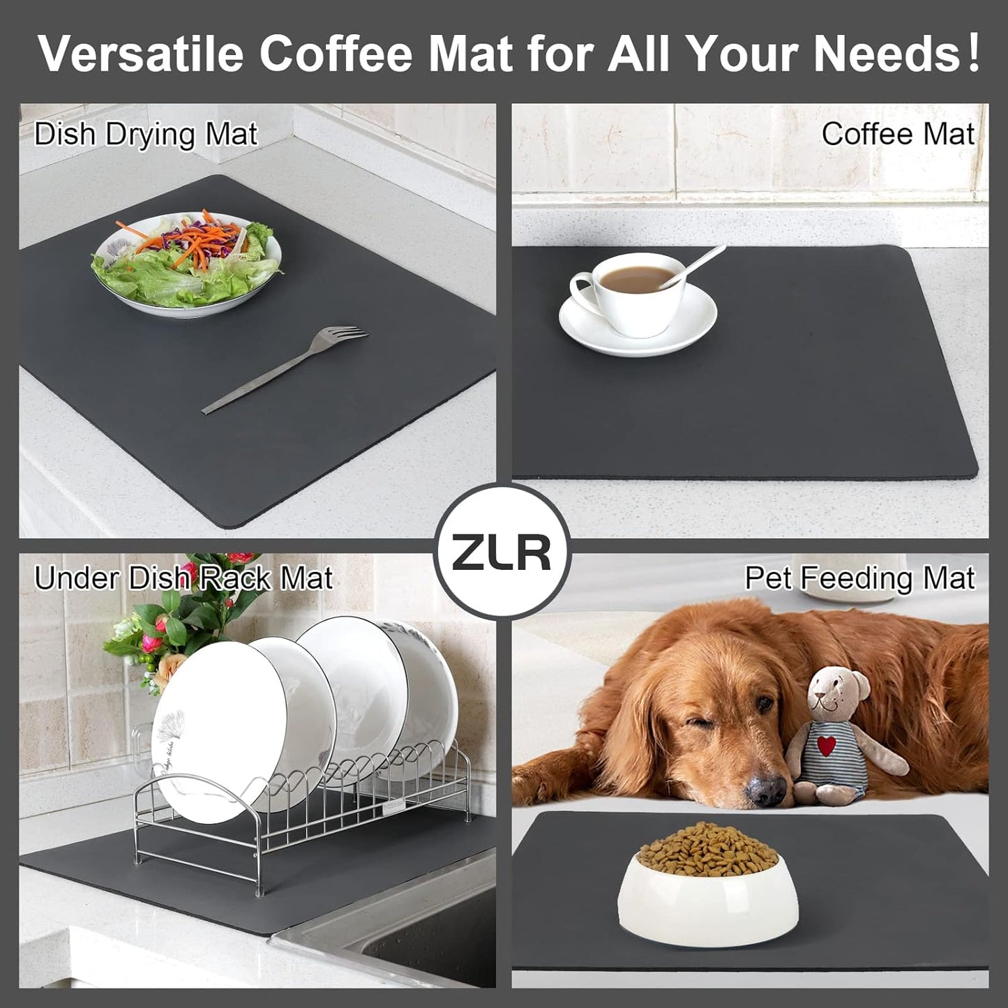 ZLR Coffee Mat - 12" x 20" Middle Kitchen Hide Stain Absorbent Dish Drying Mat for Countertop - Easy to Clean Coffee Bar Mat for Espresso Machine and Spill Protection - Dark Gray