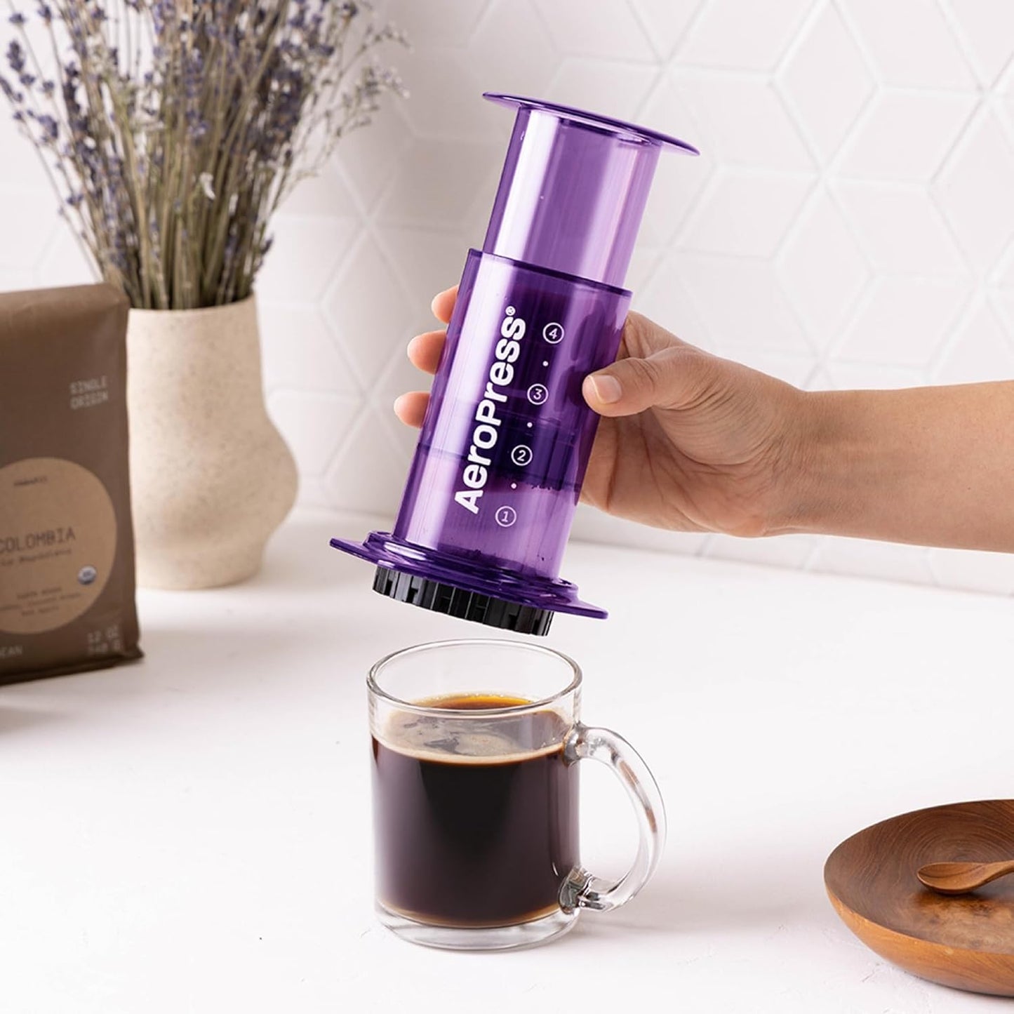 AeroPress Clear Purple Coffee Press – 3 In 1 Brew Method Combines French Press, Espresso, Full Bodied Coffee Without Grit or Bitterness, Small Portable Coffee Maker for Camping & Travel, Purple