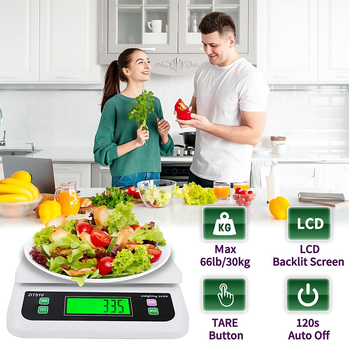 Large Digital Kitchen Scale 66lb/30kg Food Scales for Kitchen with Tare and Prep Counting Baking Cooking Bread Meat Scale with LCD Display for Bakery (White, 30kg)