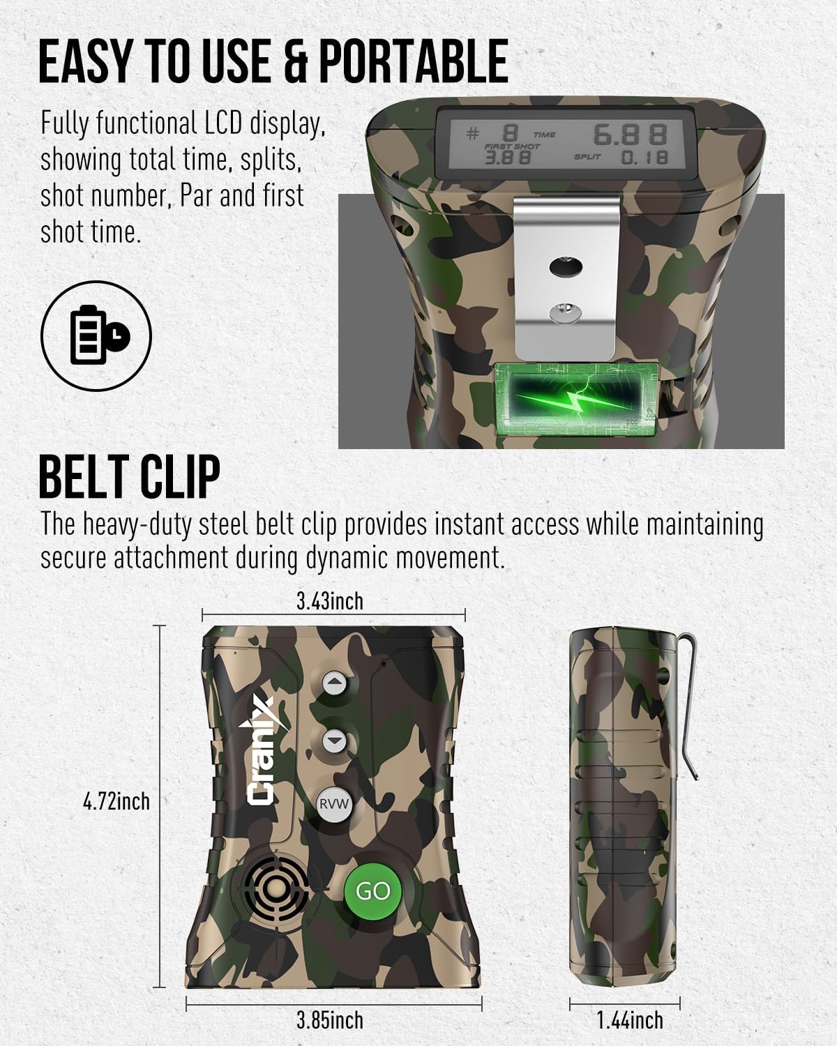 Professional Shot Timer for Shooting Competition, 0.01s Precision Tactical Training Shot Timers with Loud Buzzer, Enhanced Detection & Long Battery Life & 4 Modes (Camo)