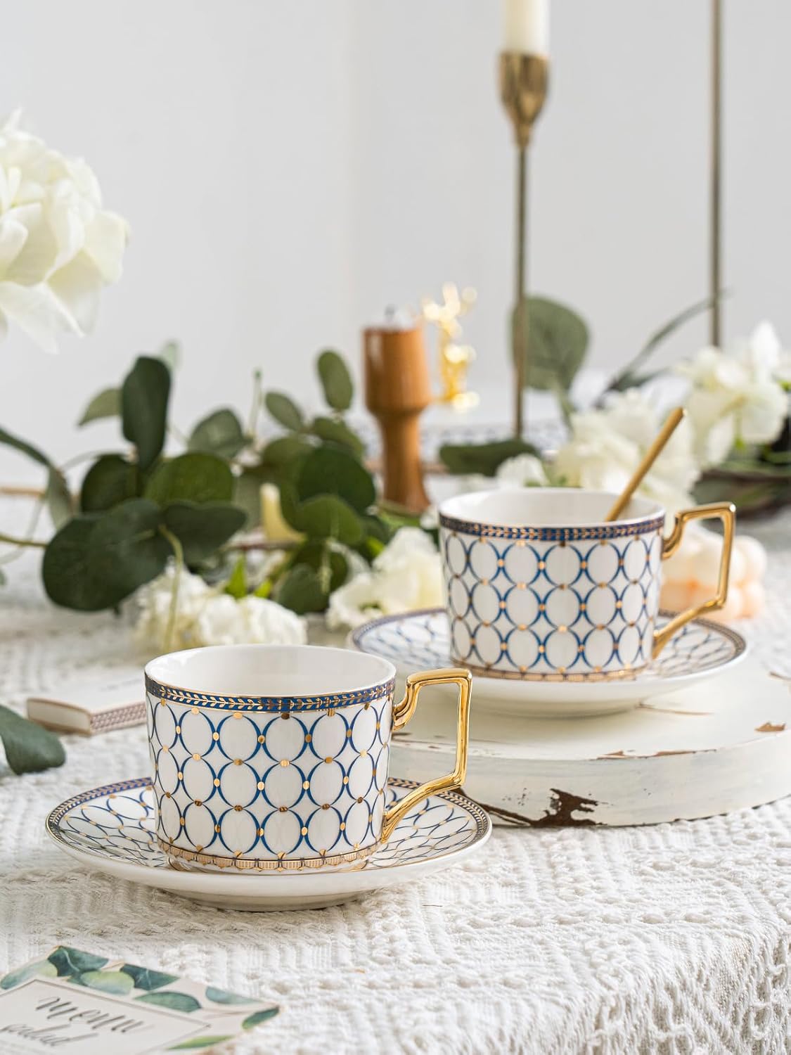 CwlwGO-European style cup and saucer set, 7 oz (about 198.4 grams) bone china exquisite glazed platinum tea cup and saucer (two sets), golden spoon, mug, cappuccino, latte, MOCHA, elegant female suit.