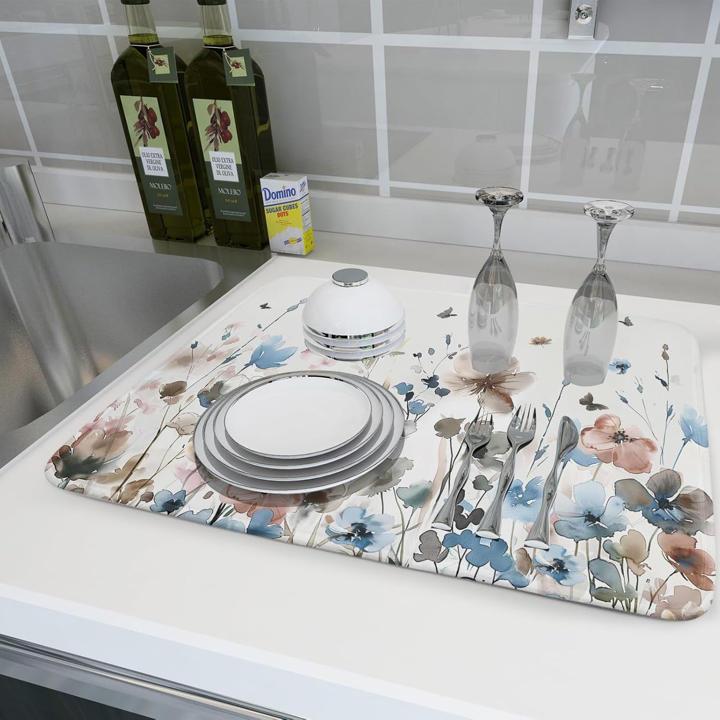 Giwawa Watercolor Floral Dish Drying Mat, 18"x24" Blue Grey Brown Flowers Kitchen Drainer Mats, Spring Summer Wildflower Microfiber Large Dish Drying Pad for Countertop Tabletop Decoration