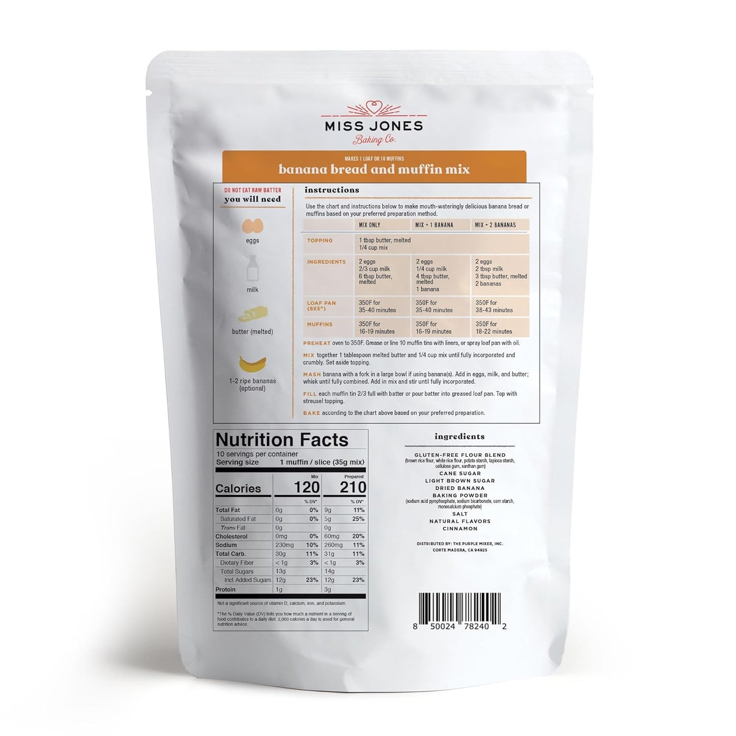 Miss Jones Baking Banana Bread & Muffin Mix - Whole Grains, 50% Lower Sugar, Real Banana, Vegan Banana Bread, Naturally Sweetened Desserts & Treats, 10.57 Ounce (Pack of 6)