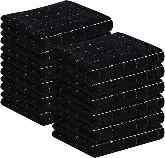 Homaxy 100% Cotton Terry Kitchen Towels(Black, 13 x 28 inches), Checkered Designed, Soft and Super Absorbent Dish Towels, 12 Pack