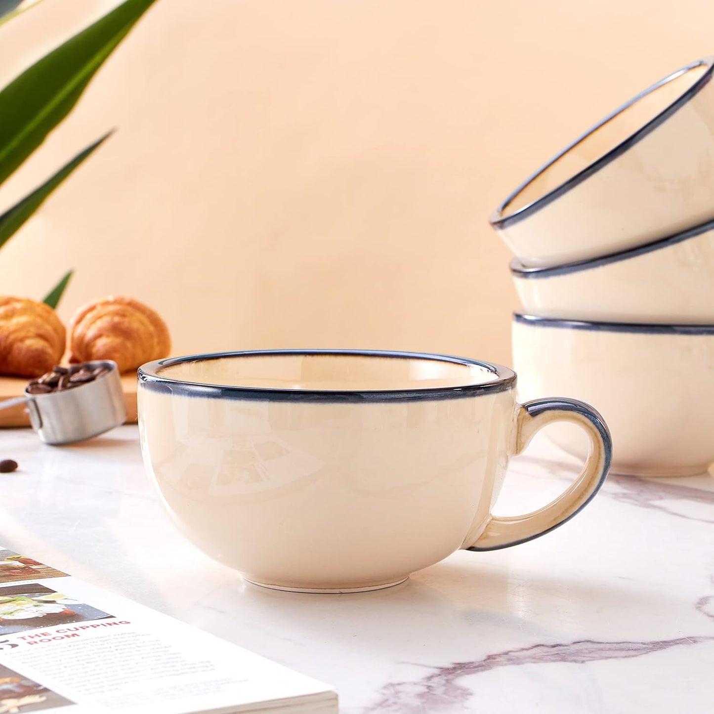 Set of 6 Cups Vintage Design 12 oz Professional Barista Ceramic Latte Art Cappuccino Cups Set (Beige * 6)