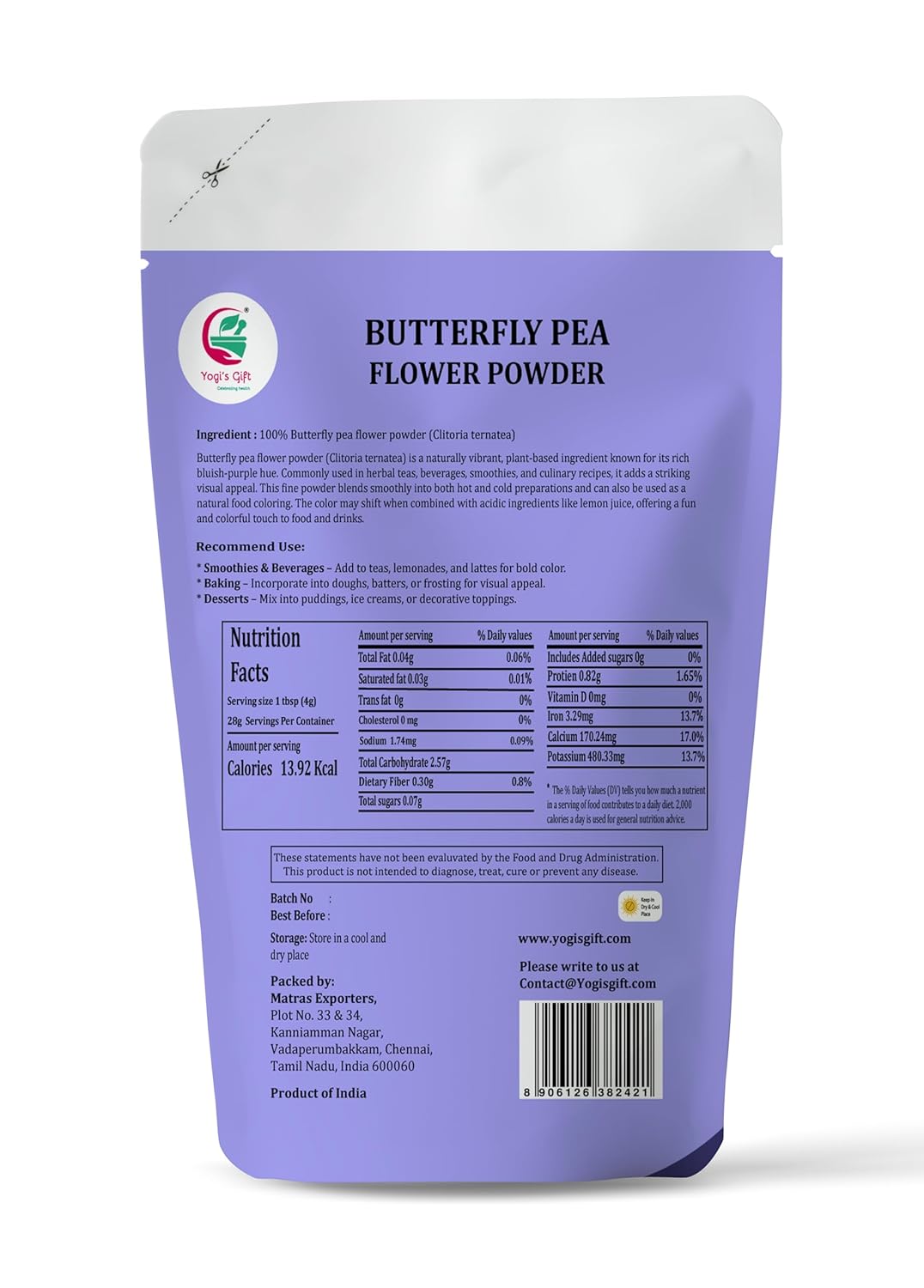 Butterfly Pea Flower Powder 4oz, 100% Pure & Natural Blue Matcha Powder, Premium Quality for Tea, Lattes, Smoothies & Natural Food Coloring - By Yogiโs Giftยฎ