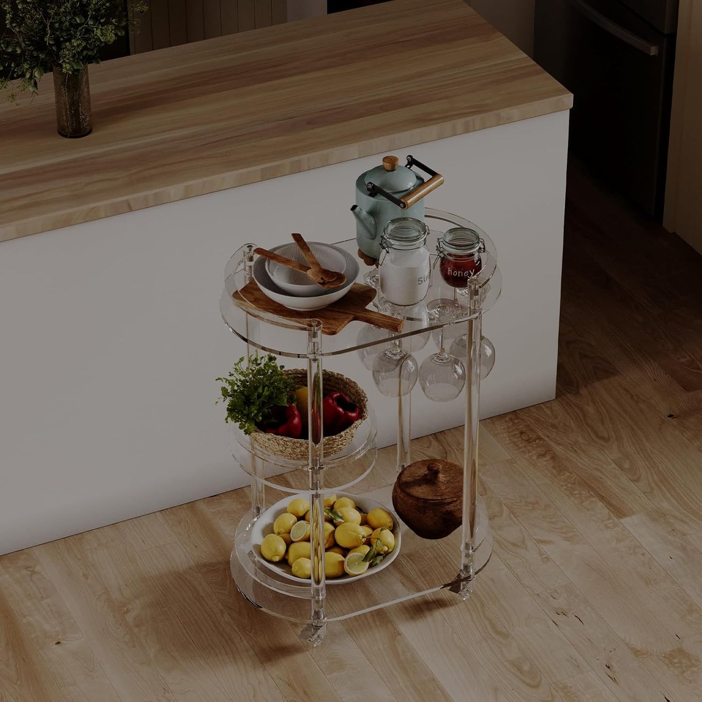 HMYHUM Acrylic Bar Cart with 4 Lockable Wheels, Clear Home Beverage Cart with Glass Holder, 3-Tier Rolling Serving Cart for Kitchen, Dining Room, Modern, Oval, 15''D x 23.6''W x 32.3''H