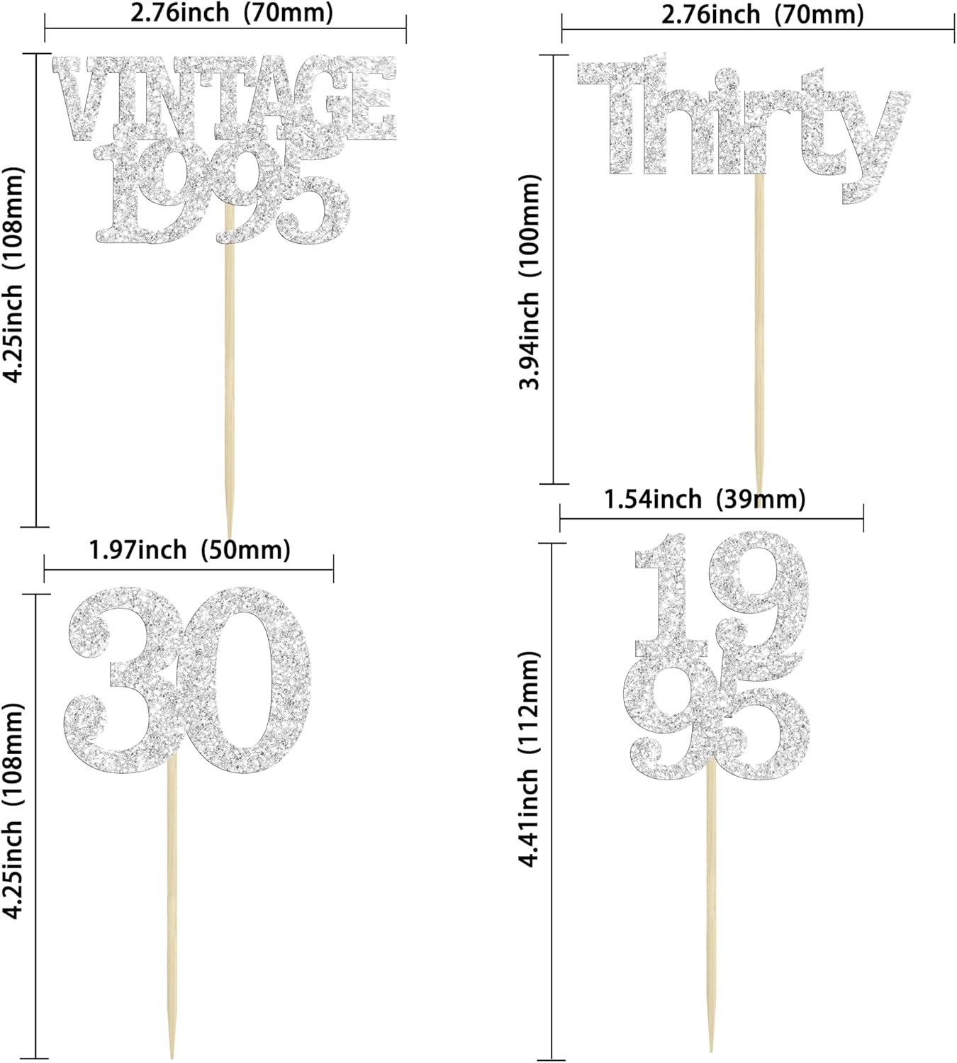 Gyufise 24Pcs Happy 30th Birthday Cupcake Toppers Glitter Thirty 30 Fabulous Vintage 1995 Cupcake Picks for 30th Birthday Wedding Anniversary Party Cake Decorations Supplies Silver