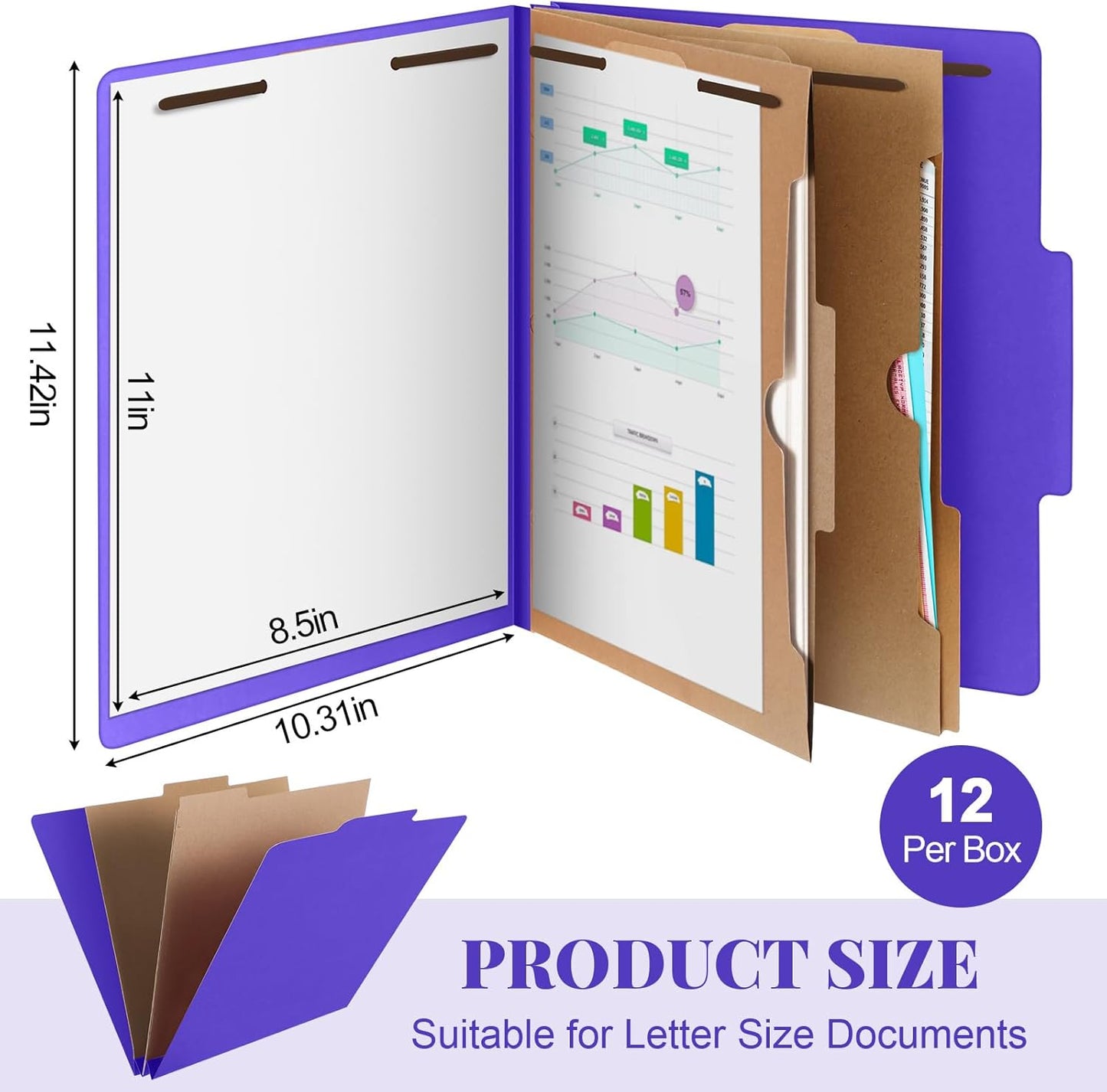 12 Pcs Classification Folders Letter Size, Back to School Supply for Teacher, Student, 2 Pocket Dividers Pressboard File Folder Bulk with 2 Fasteners, 2 in Expanding File Organizer (Purple)