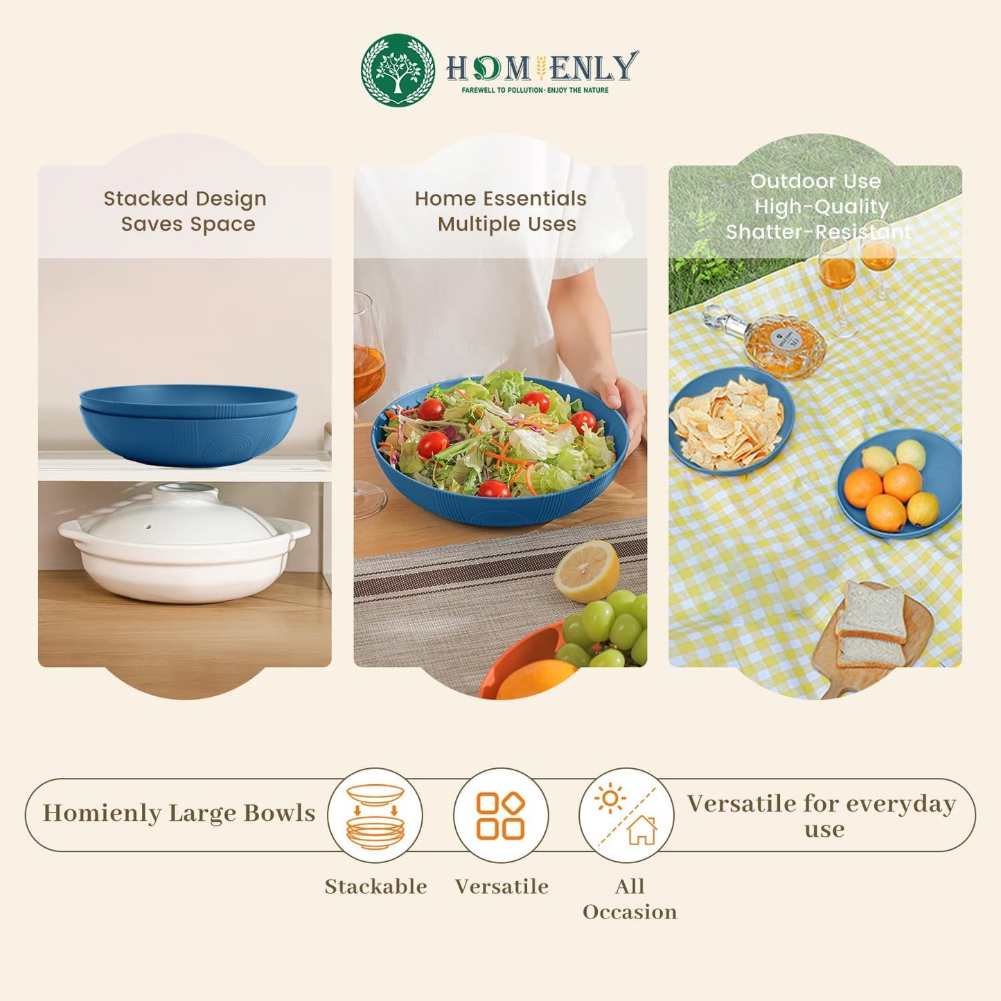 Homienly Wheat Straw Bowls, Salad Bowls, Serving Bowls for Kitchen, Camping, Picnic, Fruit, 60 OZ Large Capacity, Microwave and Dishwasher Safe, Set of 2 (Blue)