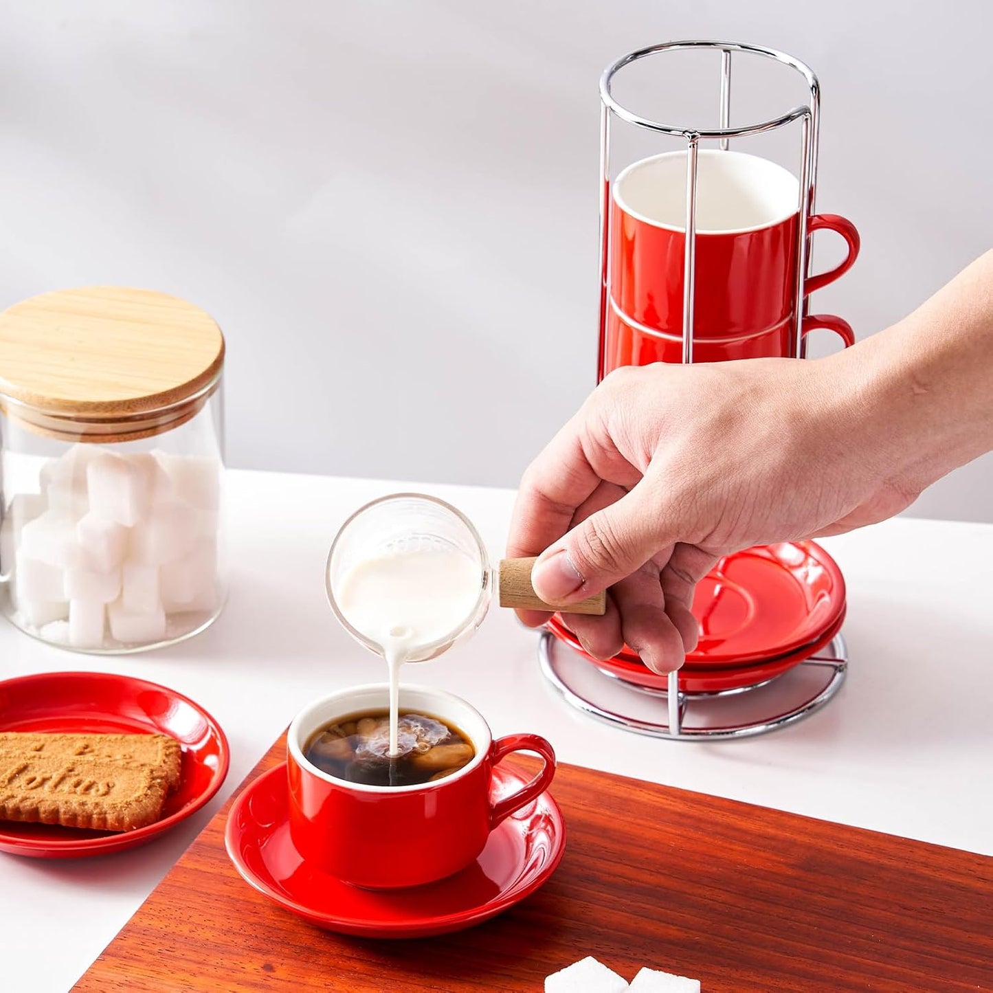 2.5 Ounce Porcelain Espresso Cups with Saucers and Silver Stand, Red Stackable Cups Set of 4