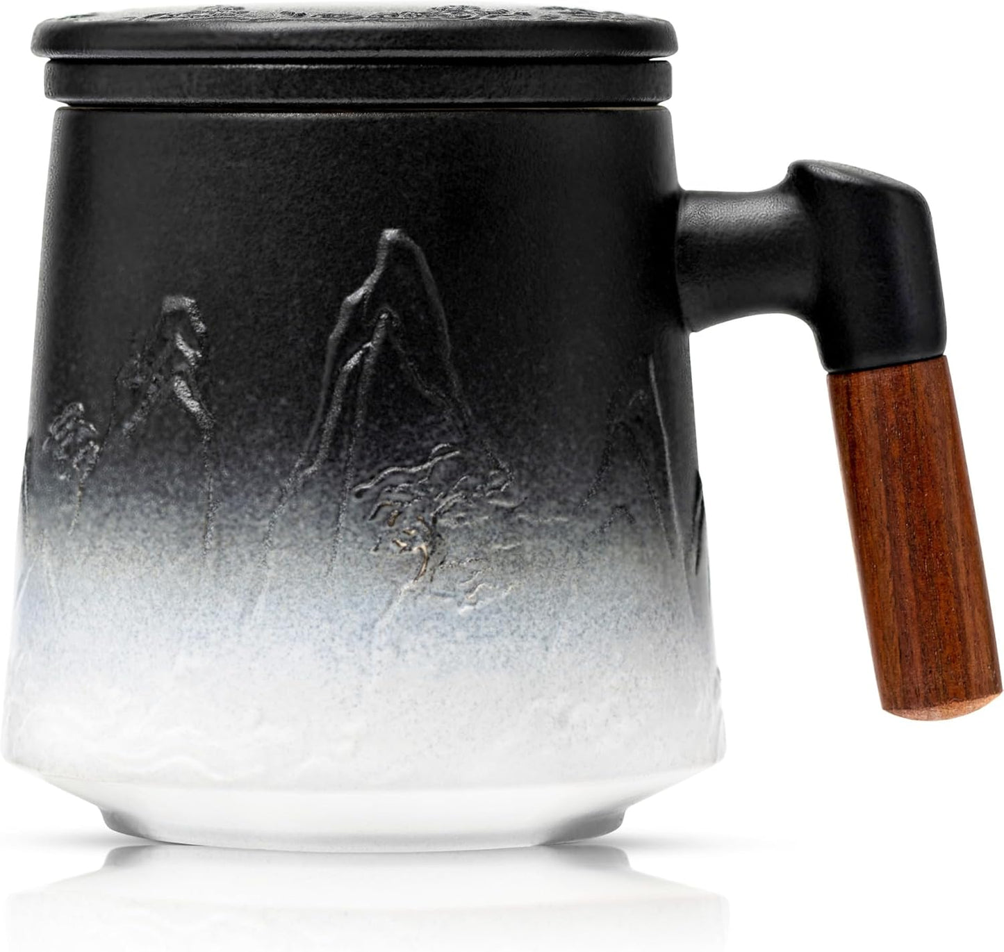 suyika Ceramic Tea Cup with Infuser and Lid, Gradient Embossed Large Tea Mug Wooden Handle for Steeping Loose Leaf, Tea Lover Gifts 15.2 oz / 450 ml,Matte Black