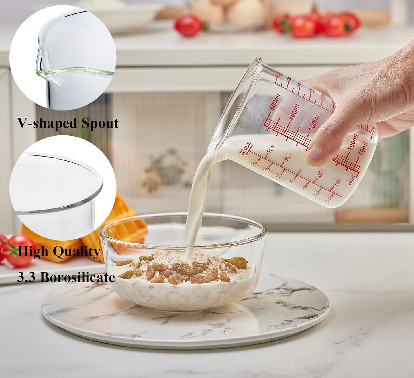 High Borosilicate Glass Measuring Cup-V-Shaped Spout,Glass Measuring Beaker for Kitchen or Restaurant, Easy to Read, 500 ML (16 Oz, 2 Cup)