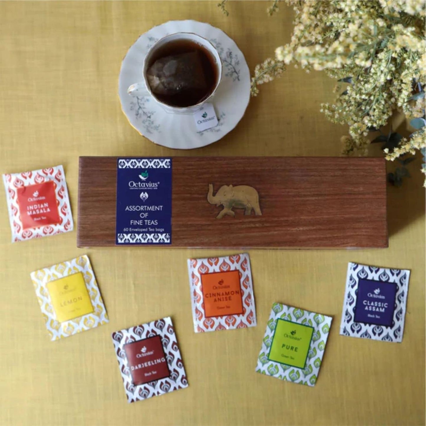 Octavius Gift's Select - Assorted Tea in Wooden Box | 6 Flavors, 60 Tea Bags | Black & Green Tea | Gifts for Women & Men | Pack of 1