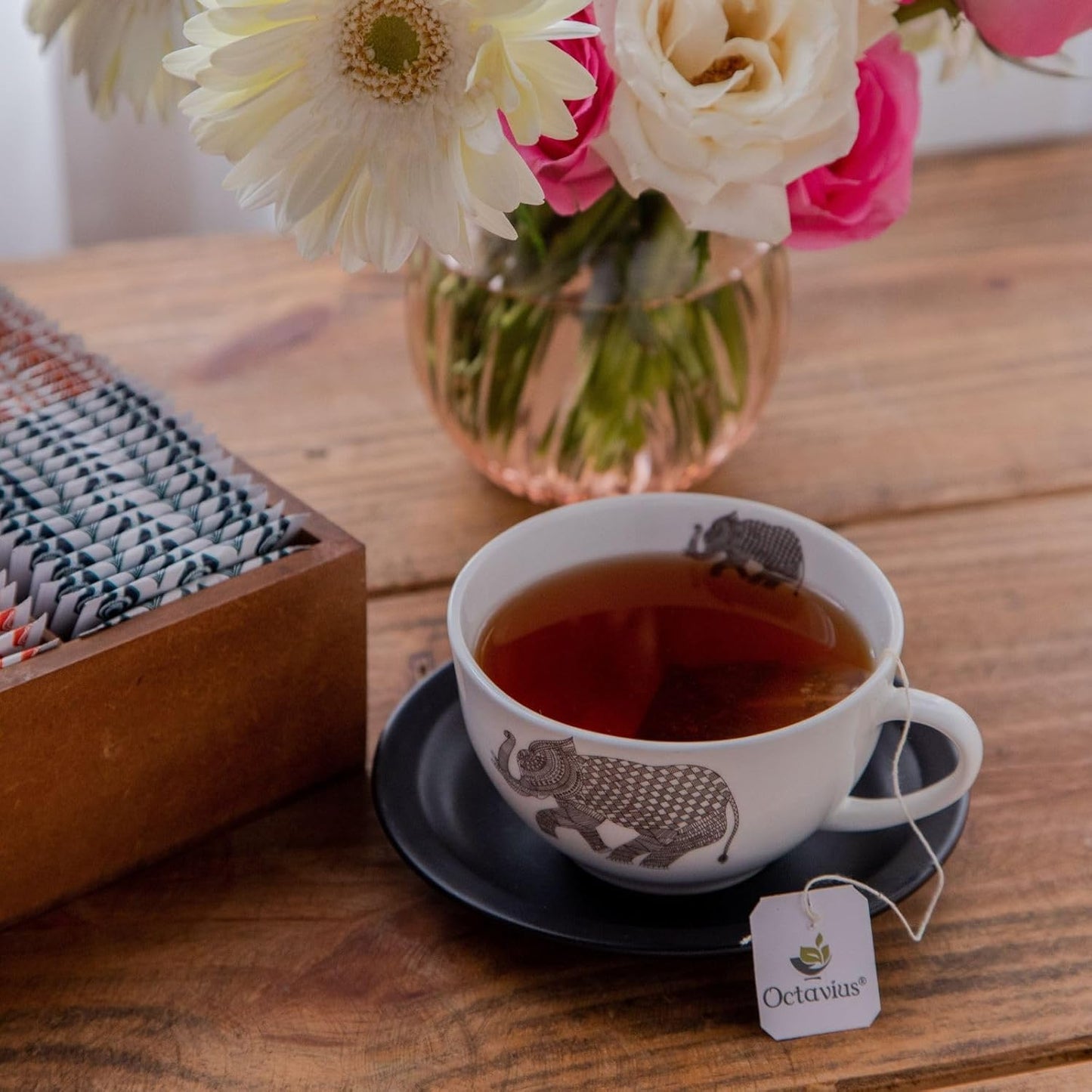 Octavius Gift's Select - Assorted Tea in Multi Design Printed Wooden Box | 6 Flavors, 90 Tea Bags | Black & Green Tea | Tea Gifts for Women & Men | Tea Variety Pack | Mothers Day Tea Gift Box
