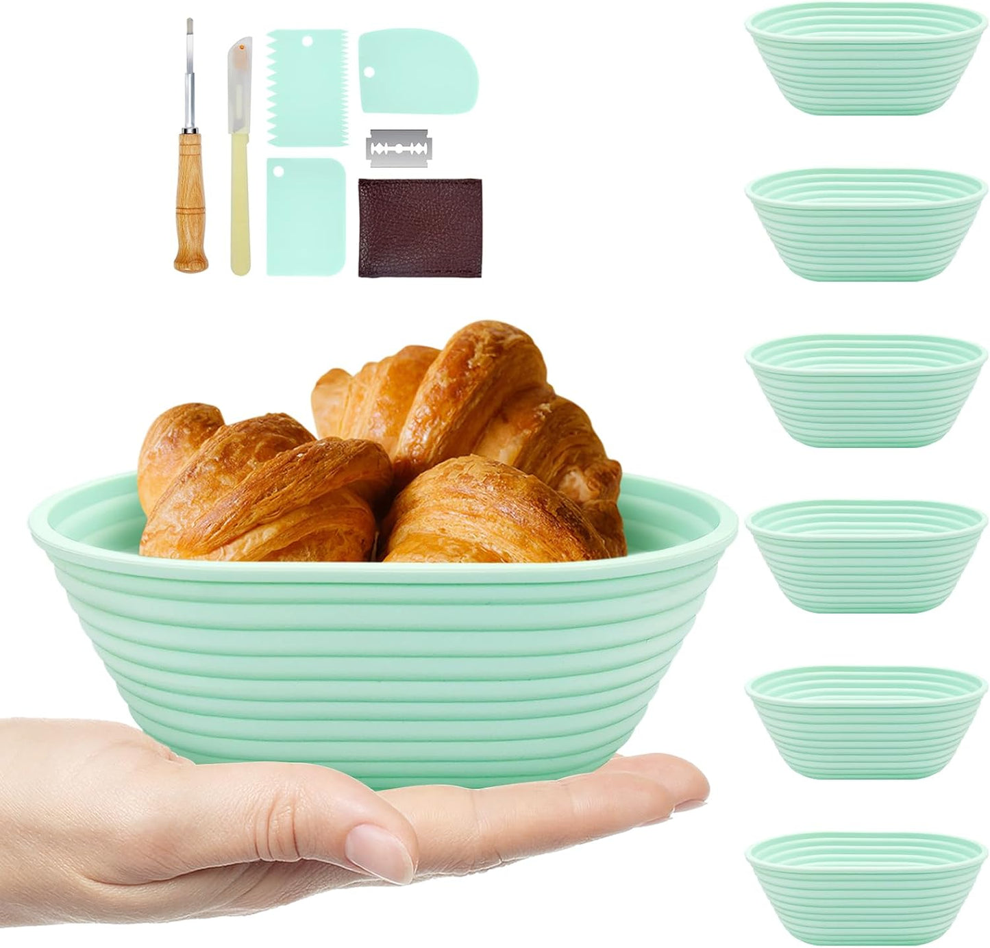 Silicone Banneton, Sourdough Bread Baskets (Set of 6, 6.5 Inch), Oval Proofing Bread Bowls with Starter Kit, Bread Making Baking Supplies