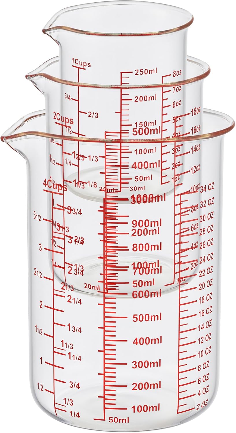 High Borosilicate Glass Measuring Cup Set-V-Shaped Spout,Includes 250ml(8OZ), 500ml(16OZ), and 1000ml(32OZ) Glass Measuring Beaker for Kitchen or Restaurant, Easy to Read