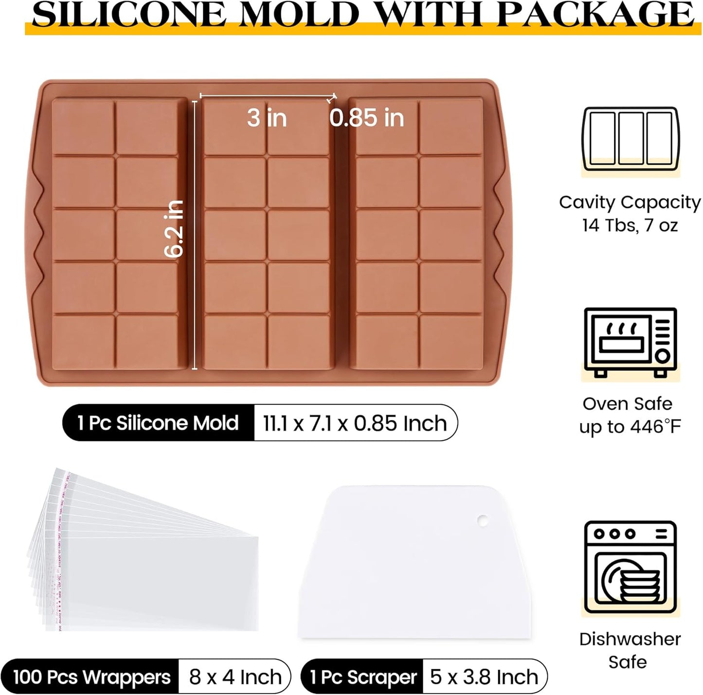 1 Pc Chocolate Bar Mold Deep Large Chocolate Molds Silicone Break Apart Thick Silicone Molds for Candy Bar, With 100 Pcs Bags and 1 Pc Scraper Set (10 Snap)