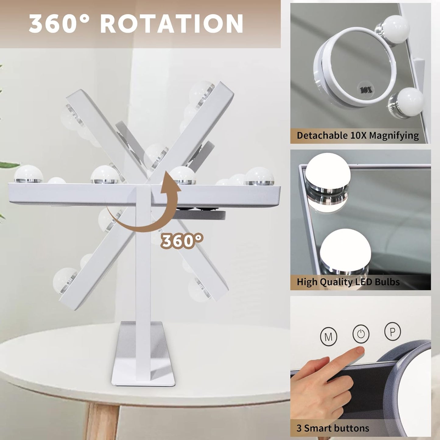 Hollywood Vanity Mirror with Lights, 9 Dimmable LED Bulbs Lighted Makeup Mirror with Detachable 10X Magnification Mirror, 1200mAh Rechargeable, 3 Color Lights, Gifts for Women Mom Teen Girls