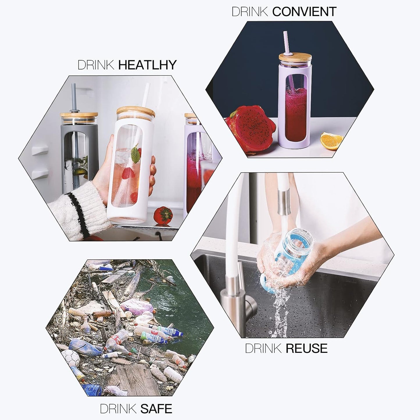 Kodrine 20oz Glass Tumbler with Straw and Lid, Bamboo Lids Water Bottle, Reusable Iced Coffee Cups, Wide Mouth Smoothie Cup with Protective Silicone Sleeve BPA FREE-White-2pack