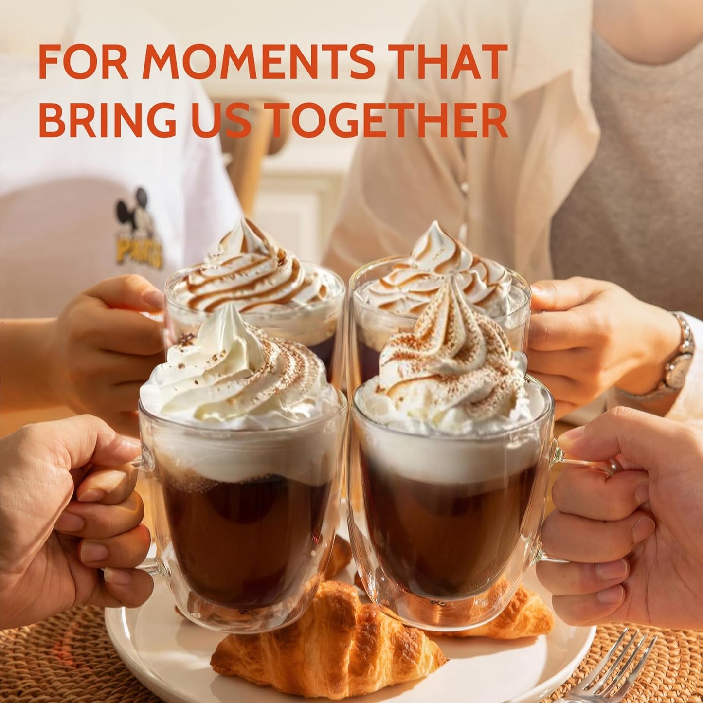 Sweese 12.5oz Borosilicate Glass Coffee Mugs Set of 4 - Double Walled, Clear Cups for Espresso, Latte, Tea