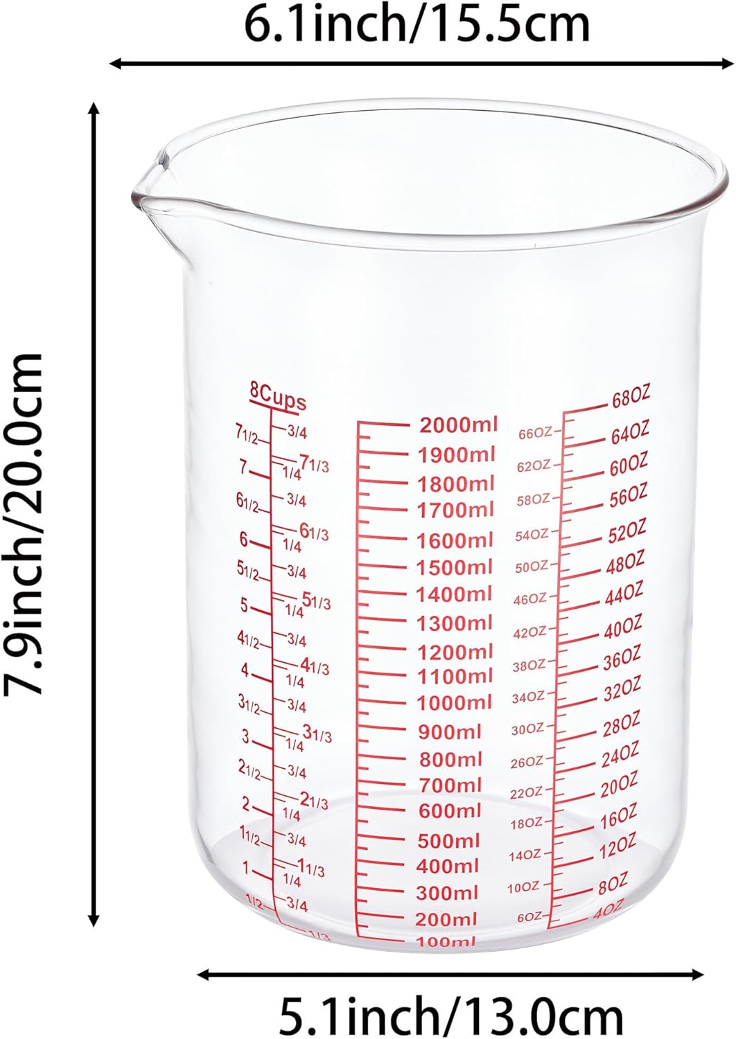 High Borosilicate Glass Measuring Cup-V-Shaped Spout,Glass Measuring Beaker for Kitchen or Restaurant, Easy to Read, 2000 ML (64 Oz, 8Cup)