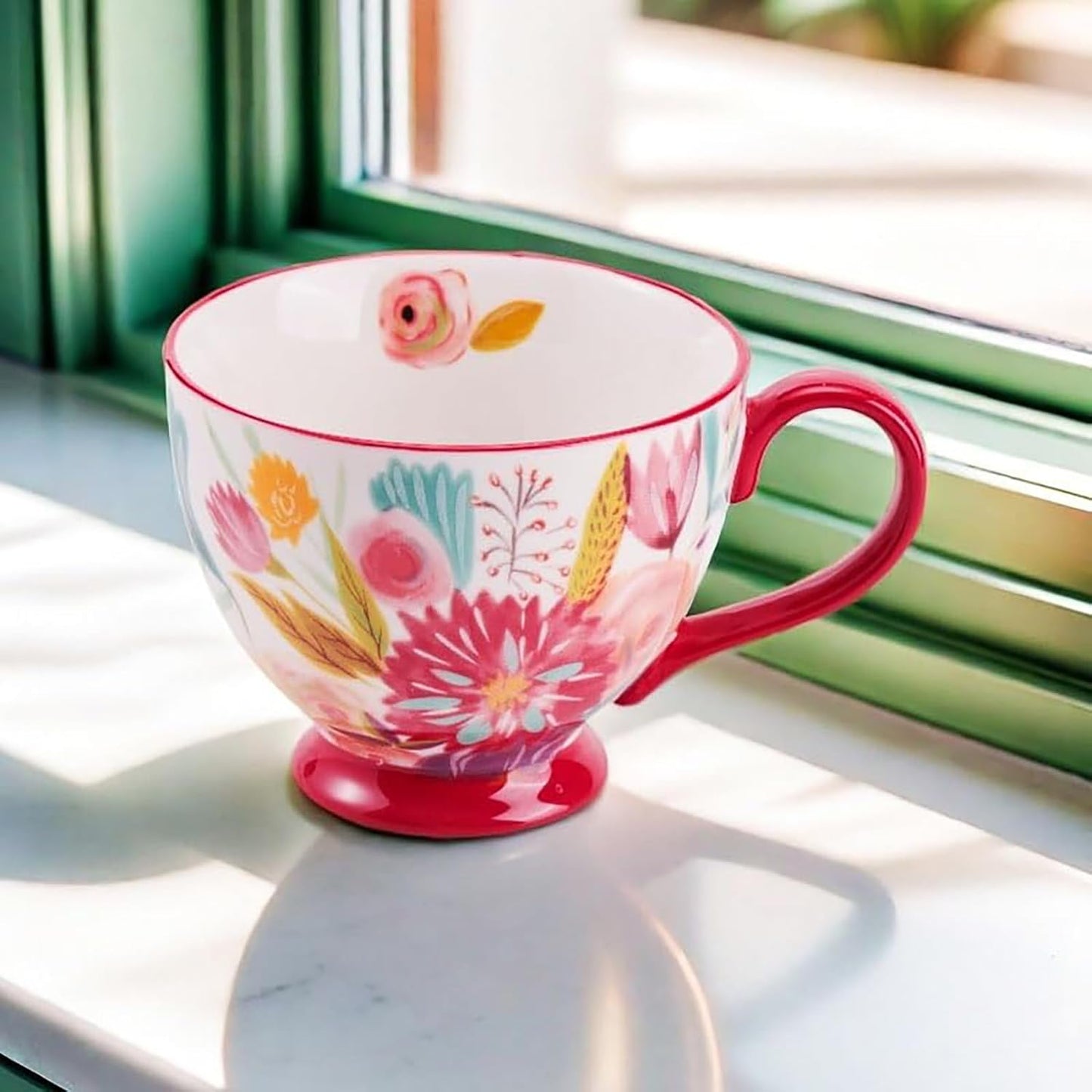 Vintage Flower Mugs β Large Ceramic Coffee Mug (15oz) β Cute Cereal Cup for Breakfast, Oatmeal Tea & Hot Drinks β Handmade Ceramic Cup with Floral Design