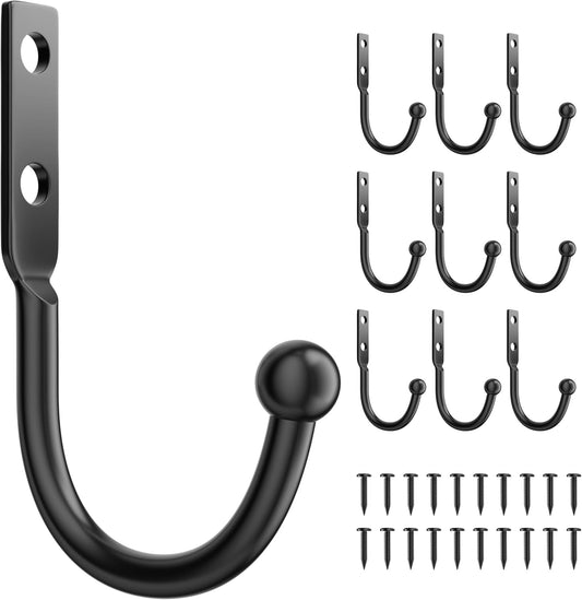 10 Pack Wall Hooks,Metal Hooks Hold up to 45 Lbs,Hooks Wall Mount for Hanging Towel/Coat/Bag/Keys/Cups,Ideal for Bathroom,Outdoor,Closet,Kitchen,Garage,Black