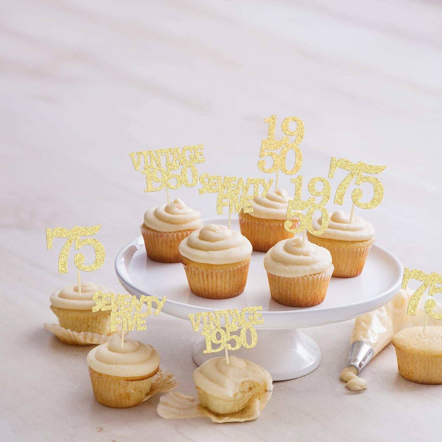 Gyufise 24Pcs 75th Birthday Cupcake Toppers Glitter Cheers to 75 Fabulous Seventy Five Vintage 1950 Cupcake Picks 75th Birthday Wedding Anniversary Party Cake Decorations Supplies Gold