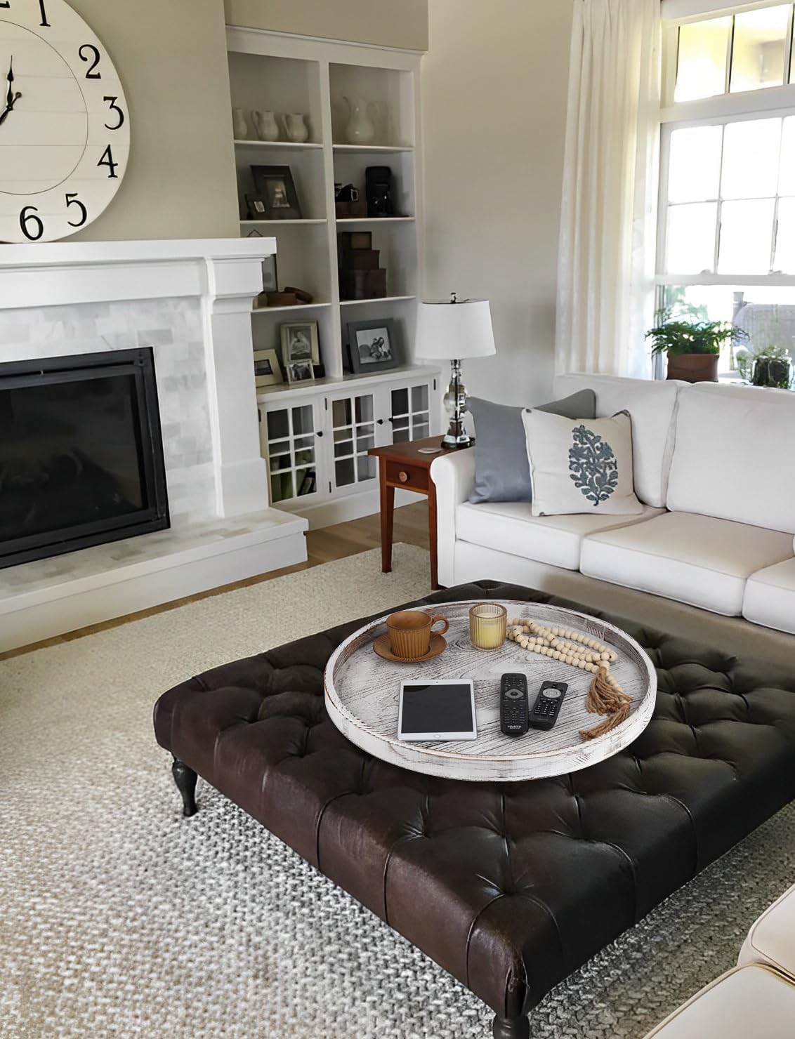 Extra Large Round Ottoman Table Tray Round-24 - Rustic Wooden Serving Tray for Farmhouse Decorative Oversized Coffee Table Trays Living Room Kitchen Counter Breakfast Whitewash