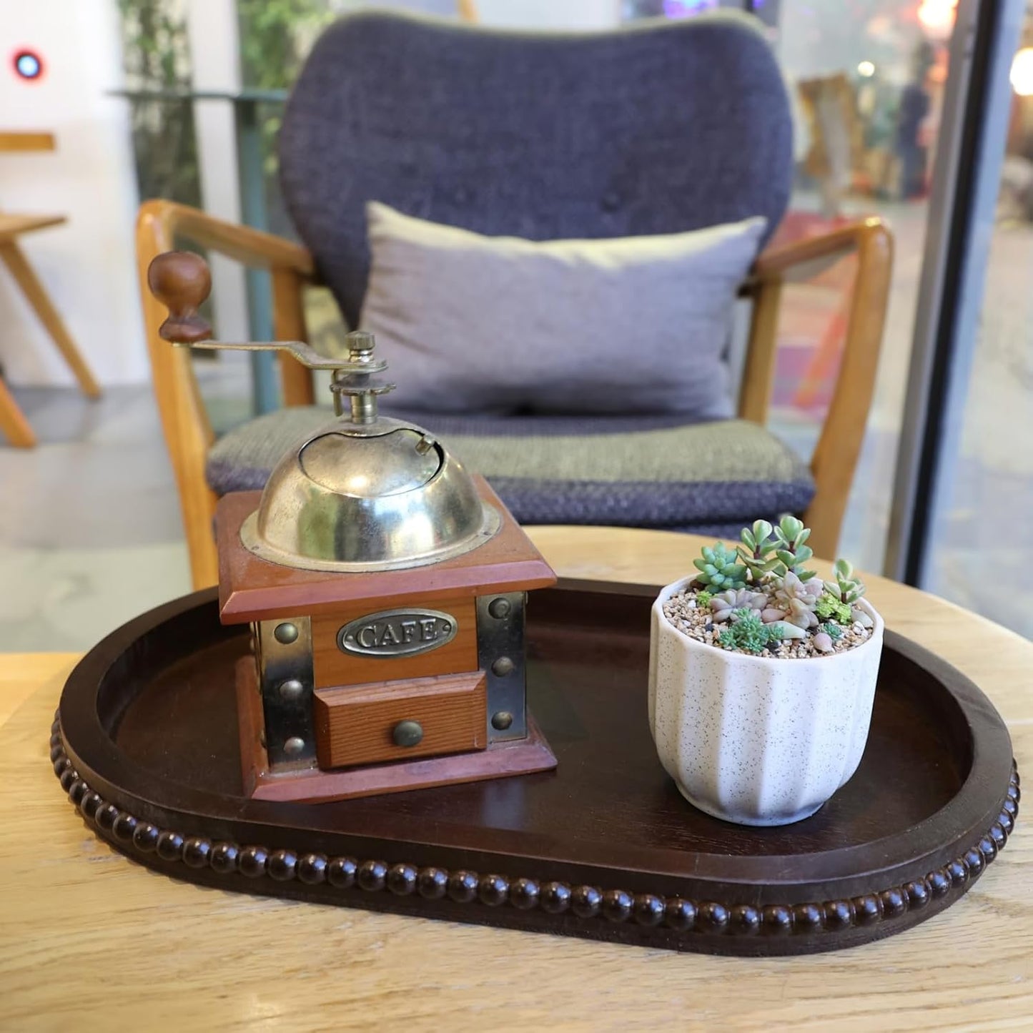 Oval Wood Decorative Tray with Wooden Beads, Vintage Serving Platter Tray for Ottoman, Coffee Table, Entertaining, Kitchen Counter Organizer, Home Decor (Retro Brown)