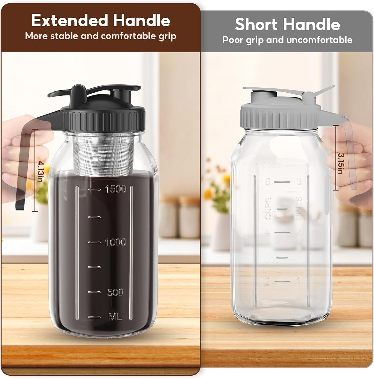 Cold Brew Coffee Maker Jar - 2 Pack 64 oz/32 oz Glass Cold Brew Maker with Handle, Stainless Steel Filter & Leak-Proof Lid, Heavy Duty Cold Brew Pitcher for Iced Coffee, Sun Tea, and Milk