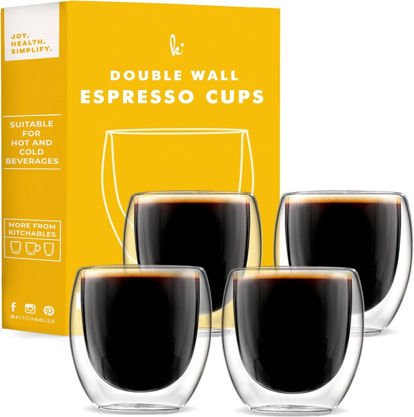 Kitchables Espresso Cups Set of 4, 2.7oz - Durable Double Walled Espresso Shot Glass - Expresso Shots Cup Compatible With Nespresso Machines - demitasse cups - Tasas De Café Expreso