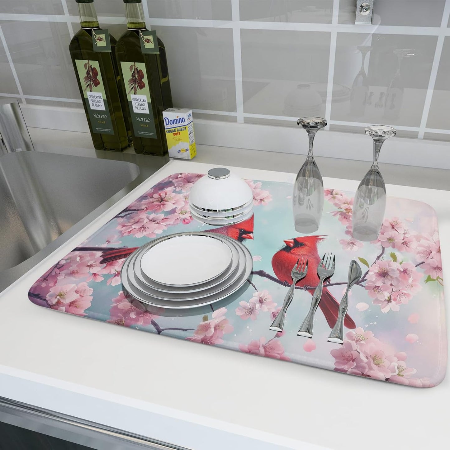 Giwawa Spring Birds Dish Drying Mat, Cherry Blossom Red Birds Dish Drainer Mats for Kitchen Countertop, Watercolor Floral Absorbent Reversible Dish Drying Pad Decor, 18x24inches, Large