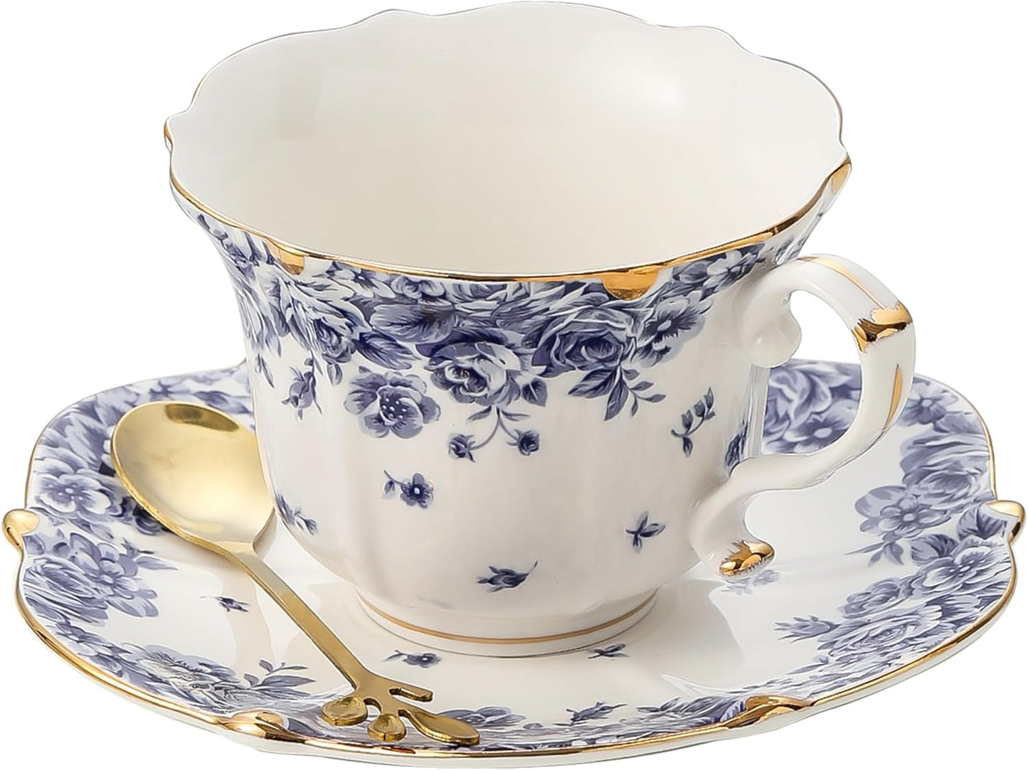 TATSUMI Country Roses Bone China Tea Cup and Saucer Set, 3 Pieces, Vintage Style, For Women and Tea Parties(sky blue,1 set)